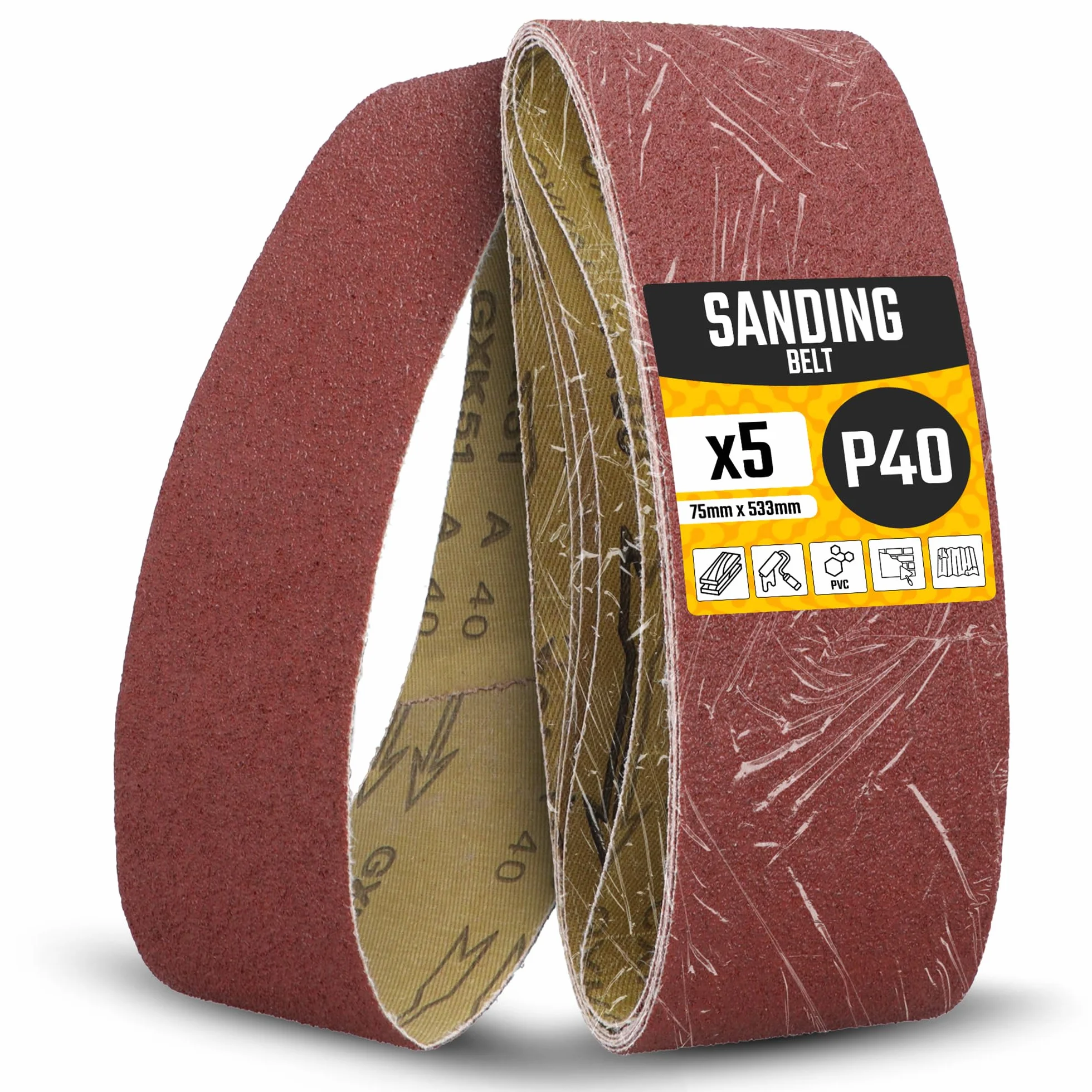 5x Nastro Abrasivo 75x533 mm P40 Levigatrice Macchina Cinghia Tessuto Carteggiatura Affilatura Sbavatura Rimozione Ruggine Legno Metallo Plastica Robusto Lunga Durata