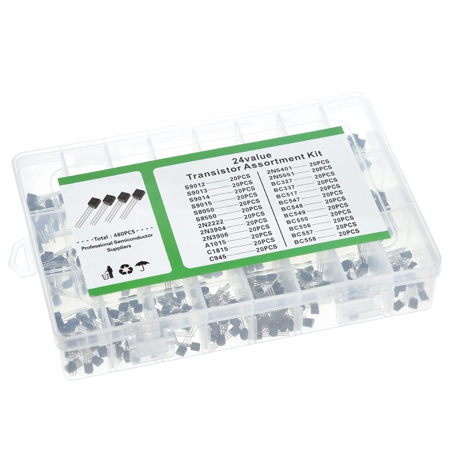 Assortimento di Transistor NPN PNP Kit Assortito, TO-92 480 Pezzi 24 Tipi di valori x 20 Pezzi (Size : 10kits)