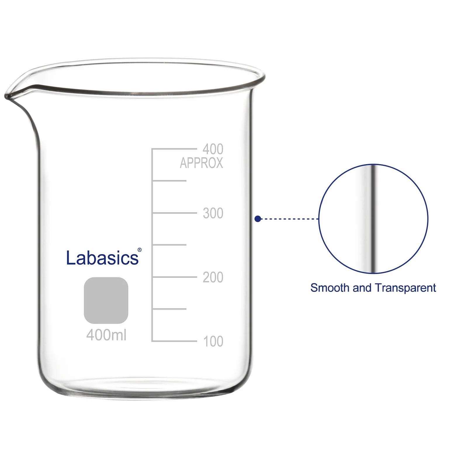 Labasics Bicchiere di Vetro, 1 Confezione, Bicchiere di Vetro Borosilicato a Forma Bassa Graduato Griffin con Beccuccio Versatore, 400 ml, Resistenza ad Alta Temperatura, Uso in Laboratorio