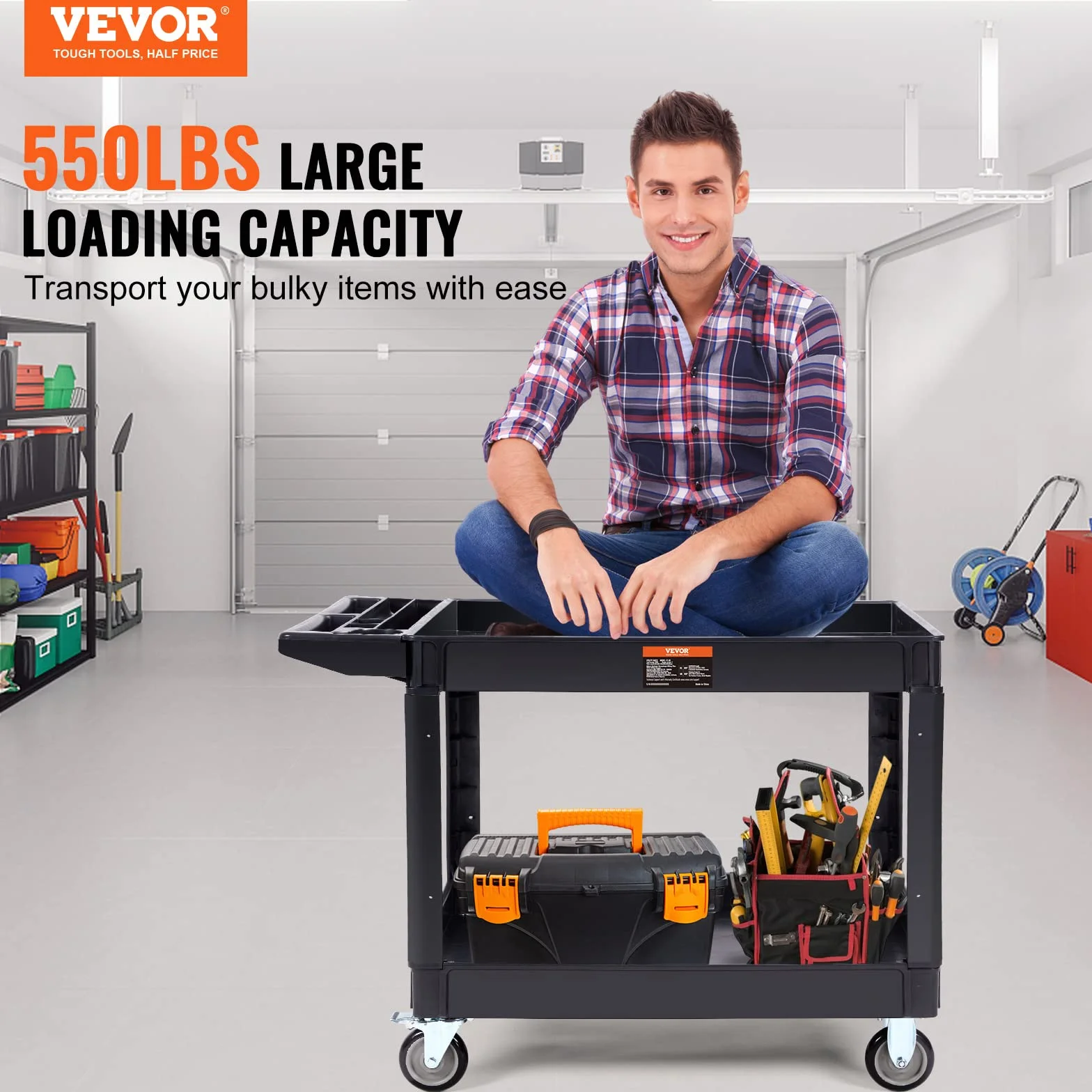 VEVOR Carrello di Servizio 116x65x85cm 2 Ripiani 250kg con Ruote Girevoli 360° Freni