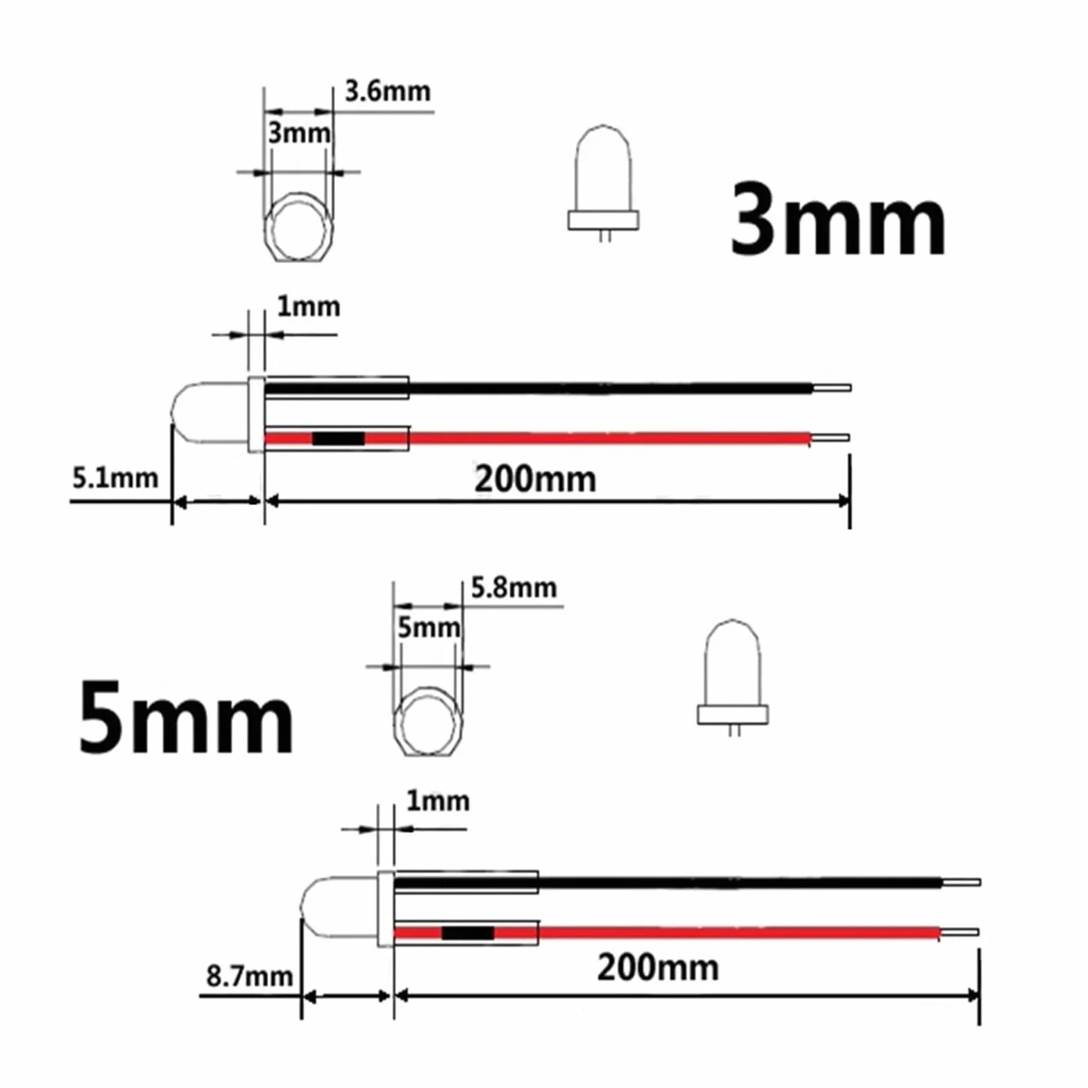 50 pz 3 V 5 V 12 V 24 V DC 3mm 5mm Diodi LED Rosso Verde Blu Giallo Arancione Rosa Bianco Caldo Precablato Cavo da 20 cm(5V 3mm,Orange)