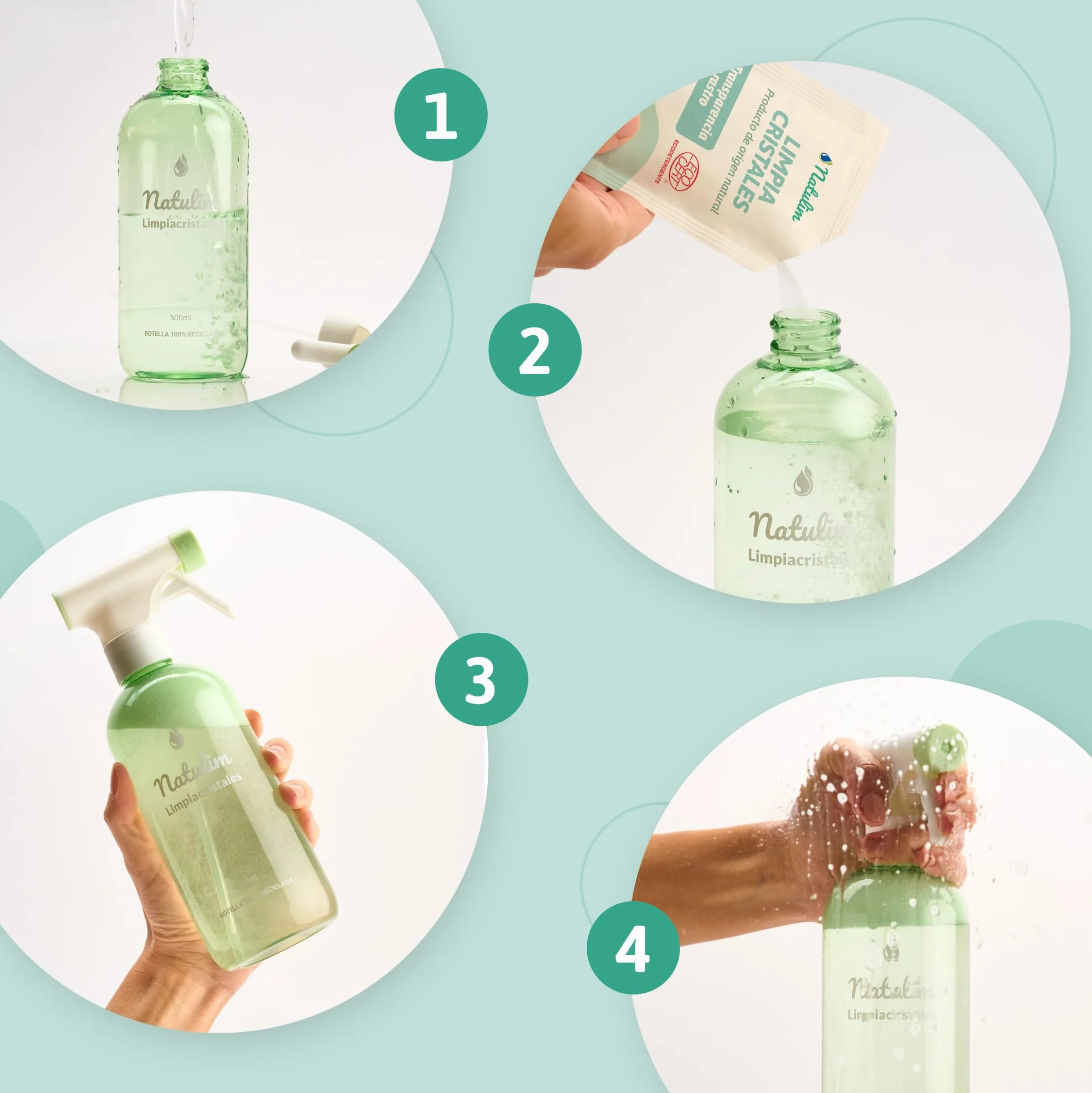 Natulim Confezione di detergenti per vetri – Pulizia profonda e senza traccia per superfici trasparenti – Set spray ricaricabile da 500 ml + 2 buste di ricarica (1 bustina = 500 ml).