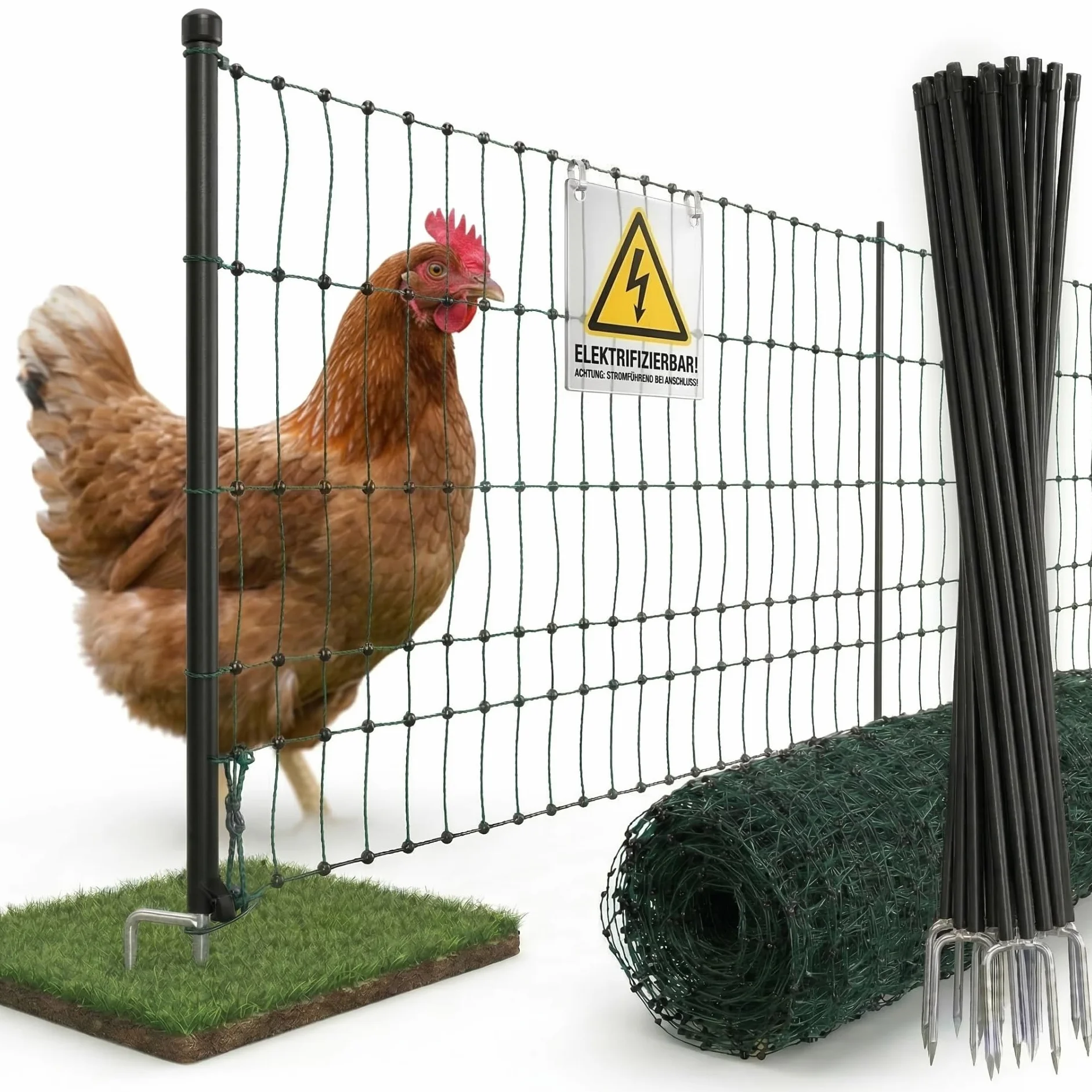Agrarzone Rete per pollame Classic elettrificabile, Doppia Punta, Verde 50 m x 112 cm - Robusta per polli, Cani e Gatti - Facile da installare con 15 Pali e Kit di Riparazione