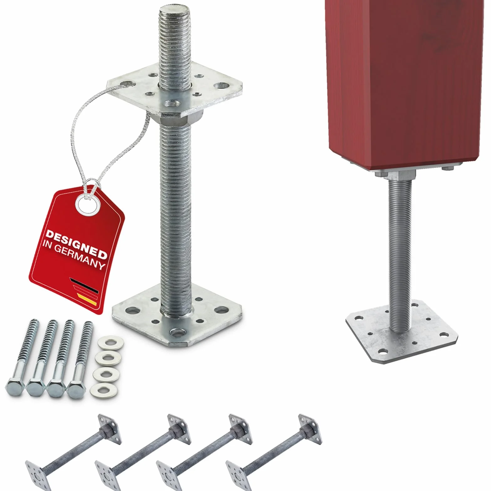 SOTECH set di 4 supporti per pali 80 x 80 x 250 mm filettatura M24 acciaio zincato a caldo supporto asta di supporto regolabile in altezza base del palo per avvitamento resistente alle intemperie