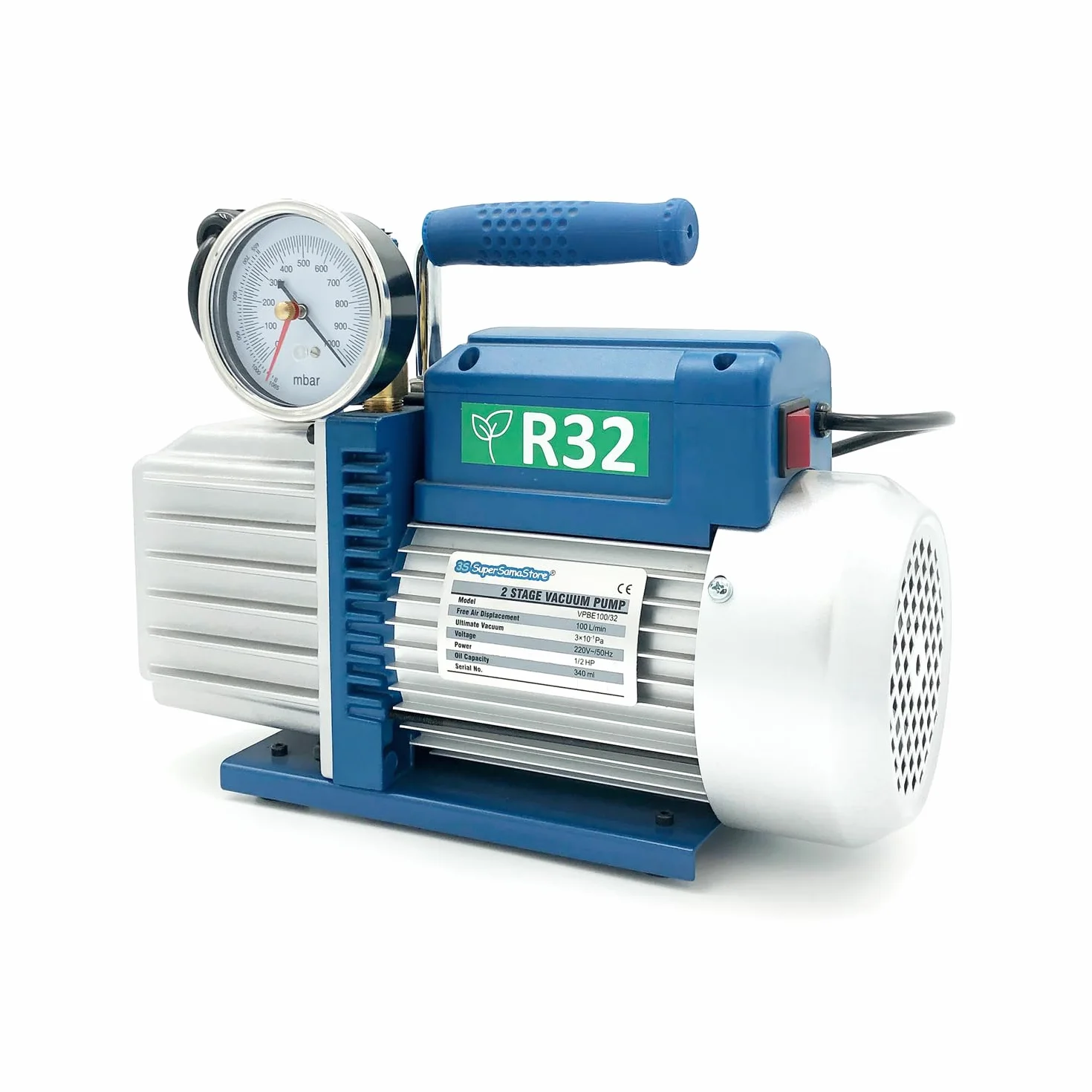 3S SuperSamaStore Pompa Vuoto Bistadio 100 Lt/Min con Elettrovalvola e Vacuometro, Pompa Vuoto Professionale Omologata per Gas R32