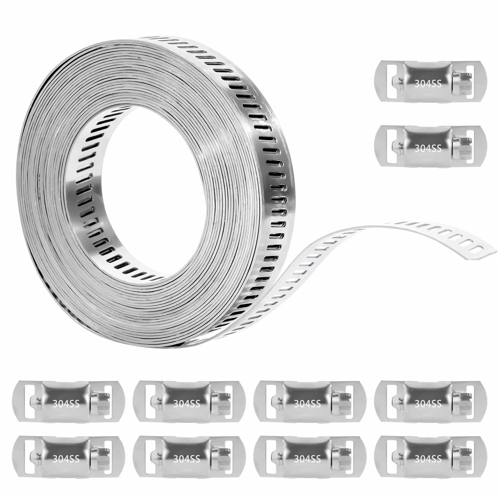 Fascette Metalliche Stringitubo Acciaio Inox 304 Regolabili, Cinghia Forata per Tubi Acqua Gas, 10 Clips