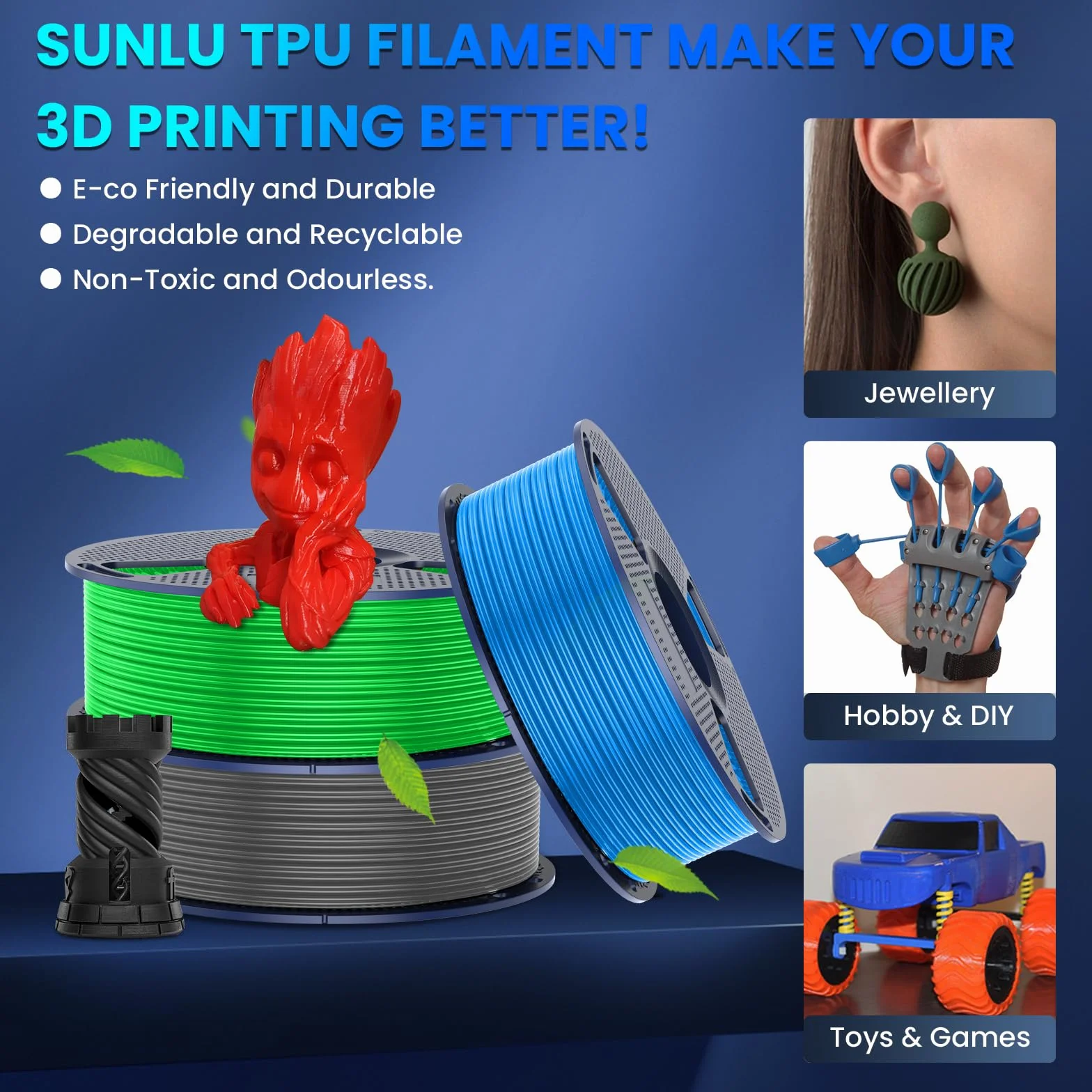 SUNLU TPU Filamento 3D 95A 1,75 mm 4 kg Pacchetto Nero