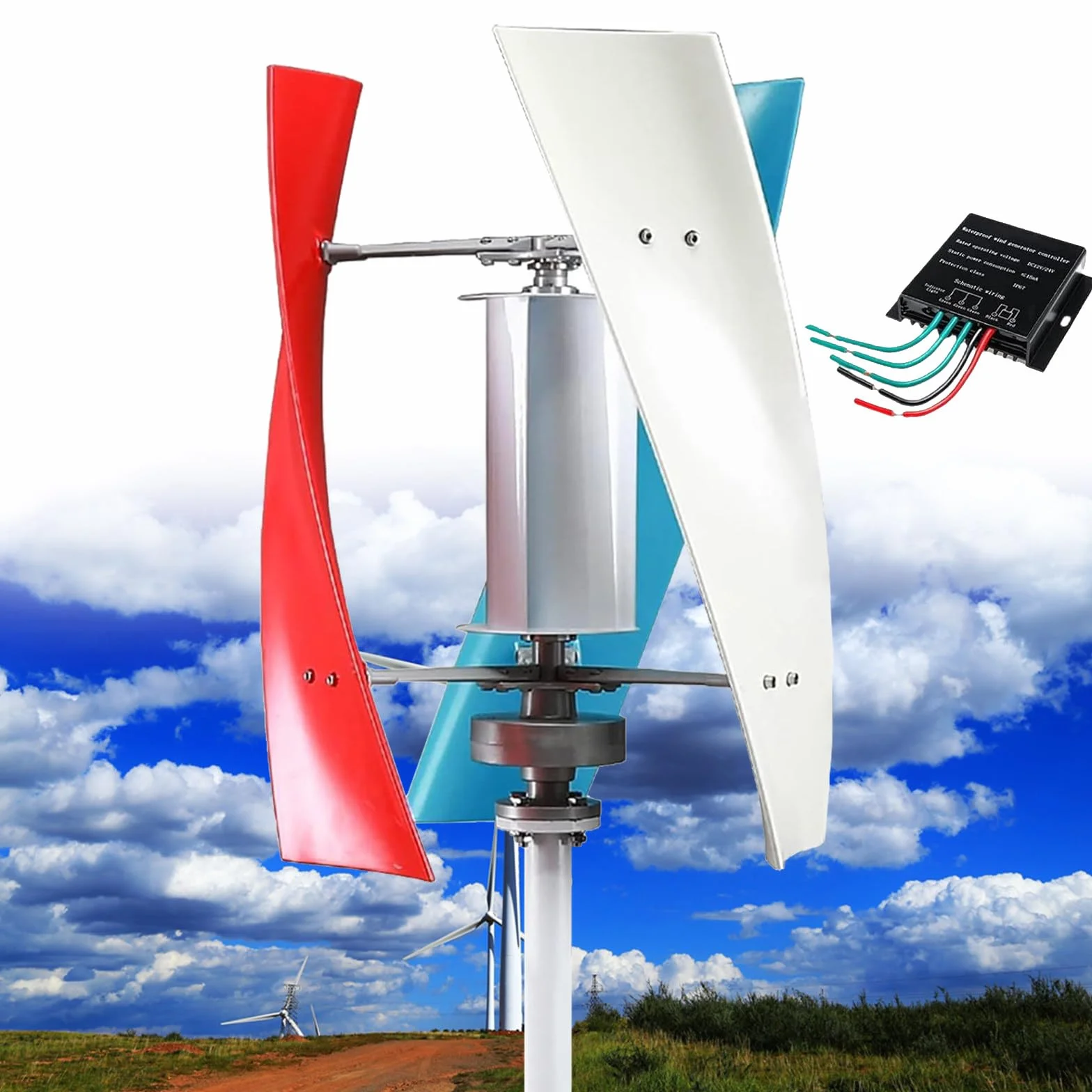 Turbina Eolica Verticale per Uso Domestico a 3 Pale da 14000W,12V/24V/48V/110V/220V,Kit di Turbina Eolica a Spirale, Turbina Eolica Trifase con Controller,per Apparecchiature Industriali,Color-220V