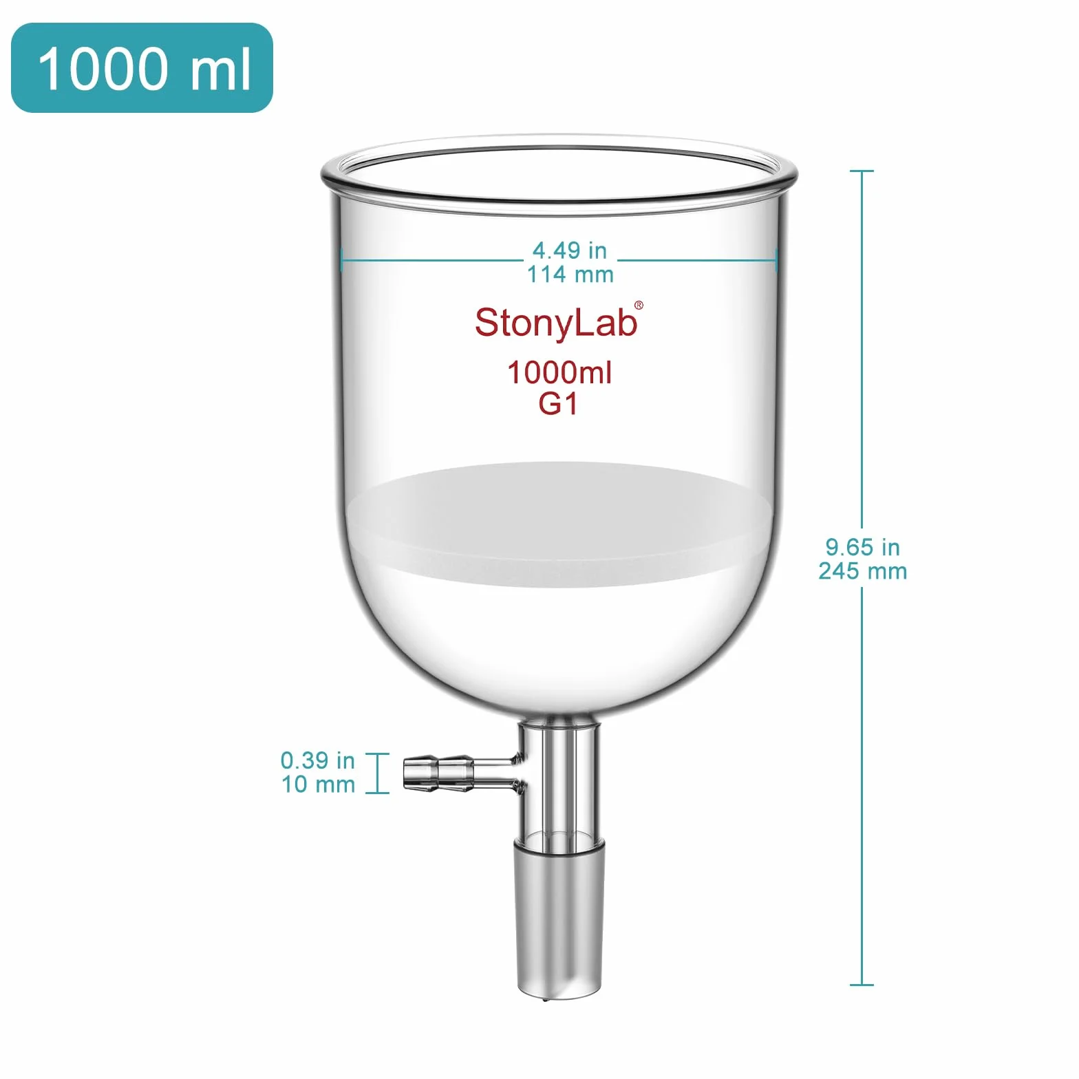 StonyLab Vetro Borosilicato Imbuto Filtrante Buchner con Fritta Grossolana (G1), Buchner Funnel con Diametro Interno 113mm, Profondità 110 mm, con Giunto 24/40 e Tubazione Dentata sotto Vuoto, 1000ml