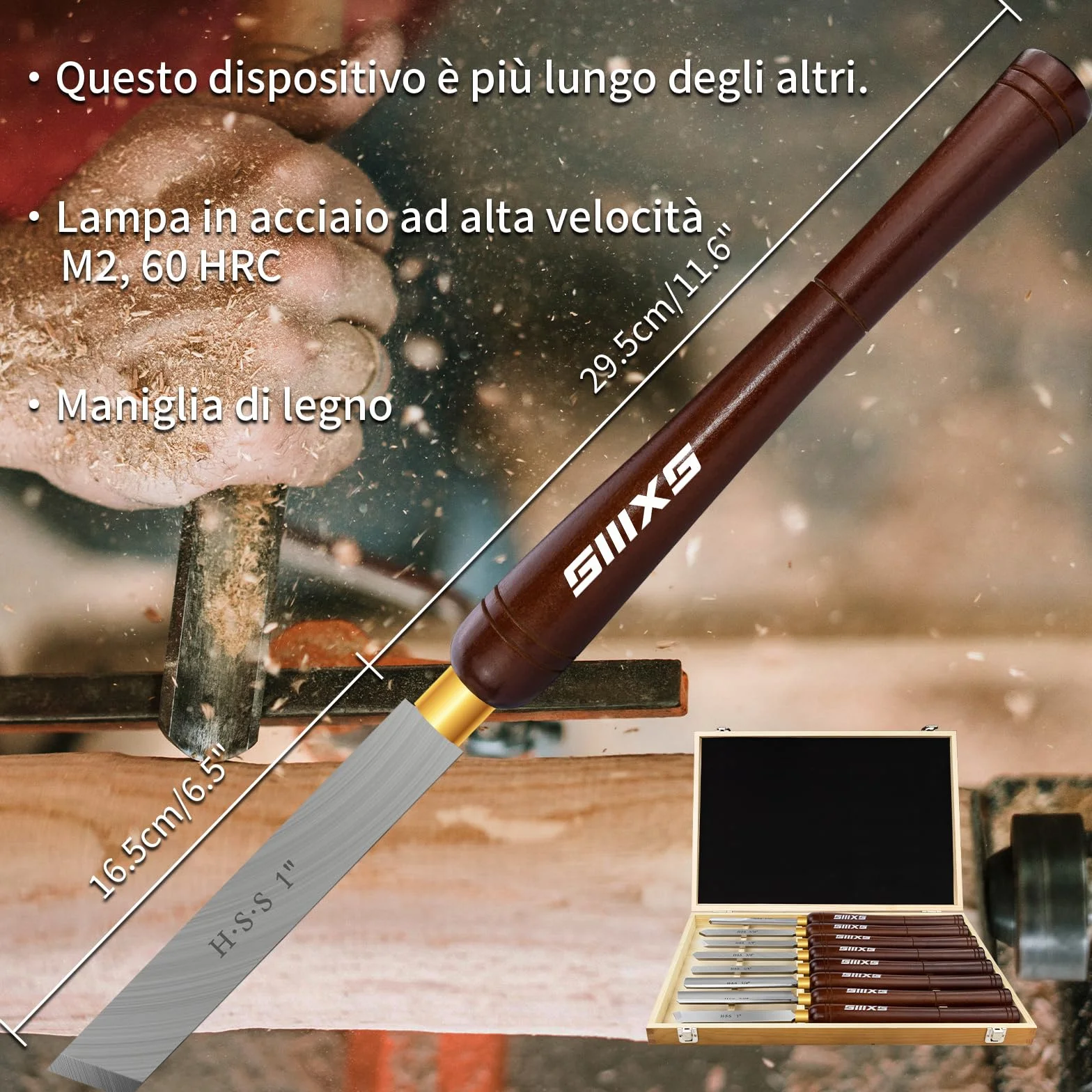 Kit di scalpello per tornitura in legno HSS 8 pezzi con manico in faggio