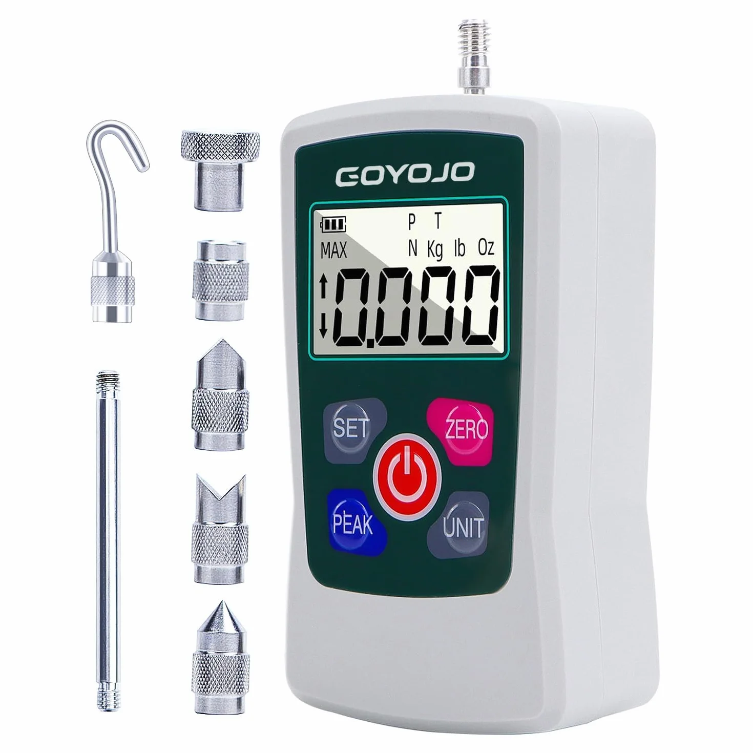 GOYOJO Misuratore di Forza Digitale, Misuratore Push-pull di Alta Precisione per Prove di Trazione e Compressione Unità (N, kg, lb, oz) Modalità Tempo Reale/Picco/Primo Picco (500N)