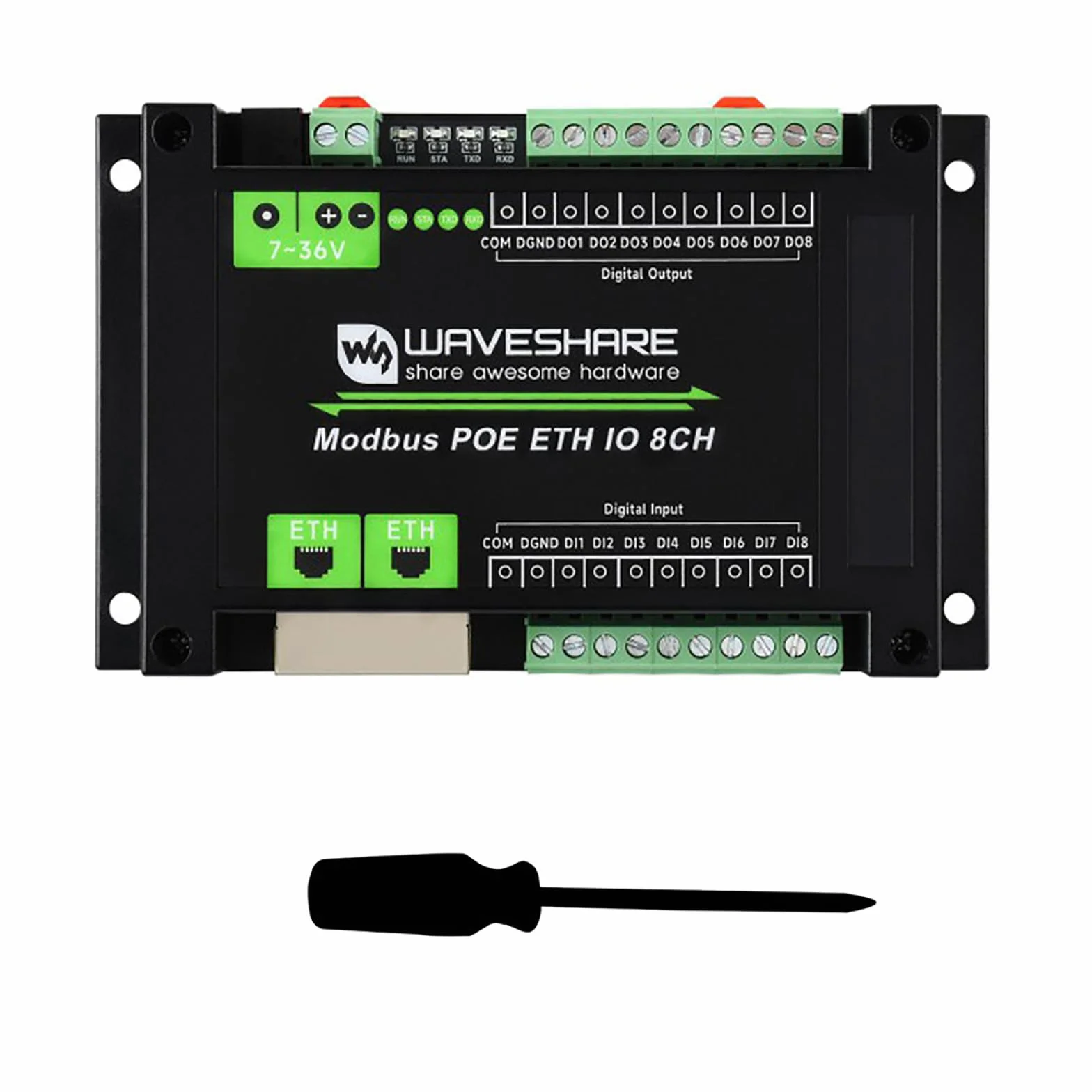 PoE Ethernet Modbus IO Module 8DI 8DO, Modbus TCP/RTU, Dual LAN Ports Cascade, IEEE 802.3af PoE + DC 7-36V, 500mA Sink Outputs, DIN Rail Mount, Isolation Protection