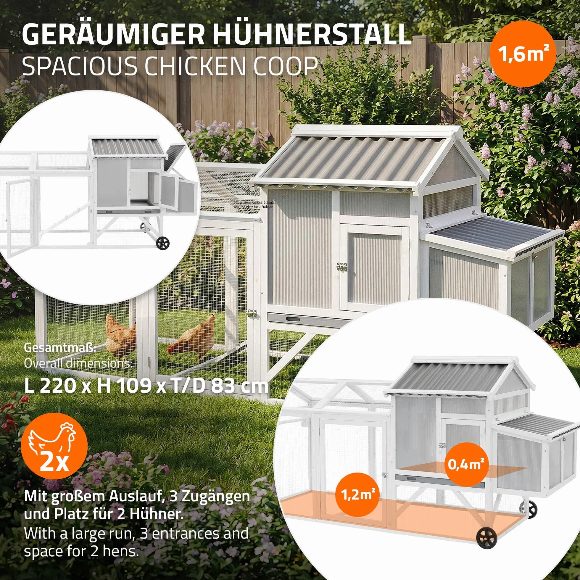 ECD Germany Pollaio per Galline da Esterno in Legno Massello e Rete Zincata, Casetta per Galline Ovaiole con Recinto Esterno e Ruote XXL 83 x 220 x 109 cm, Pollaio con Nido e Area di Pascolo