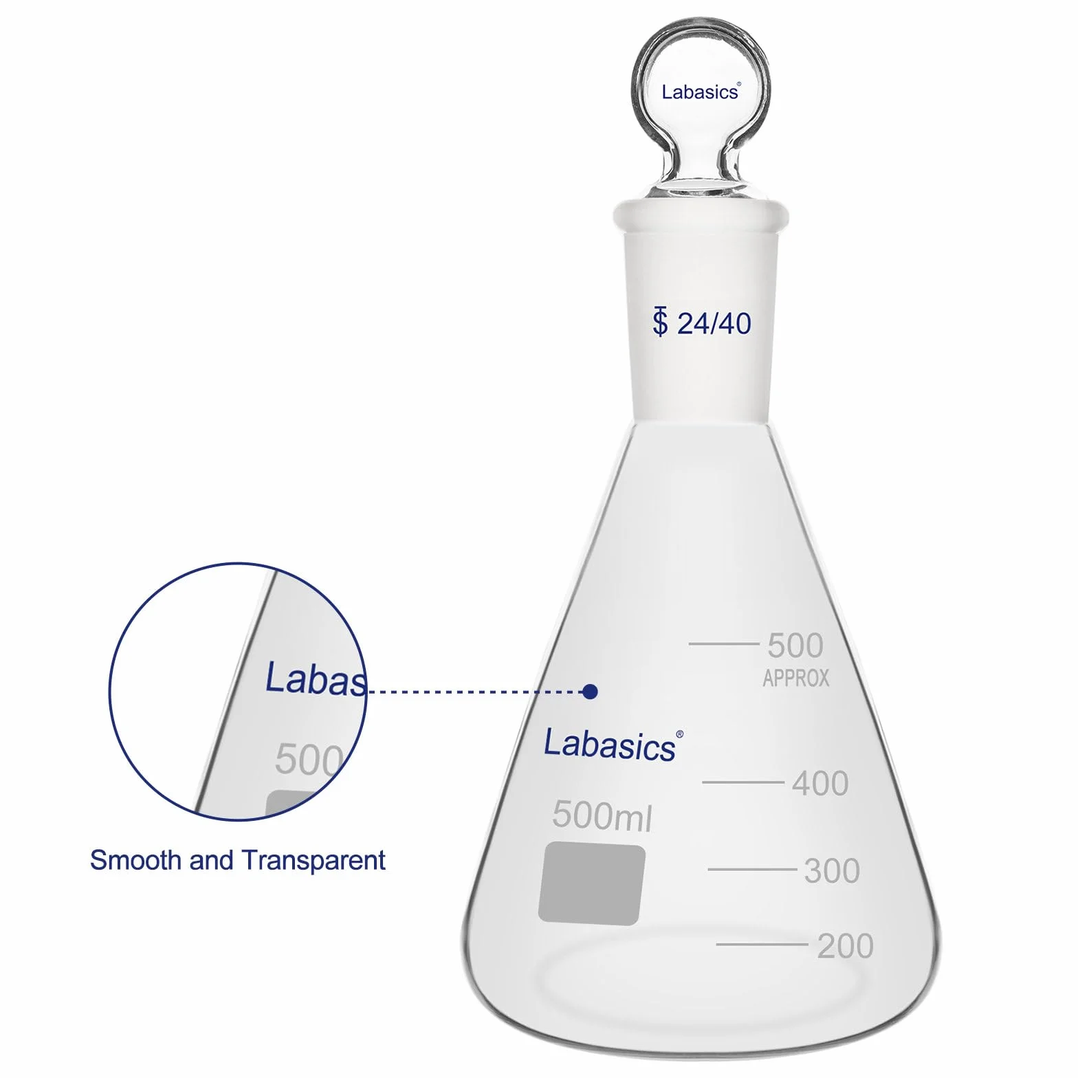 Labasics Flask Erlenmeyer in Vetro Borosilicato con Tappo a Giunto 24/40, Flask Conico per Miscelazione e Conservazione di Reagenti da Laboratorio, 500 ml