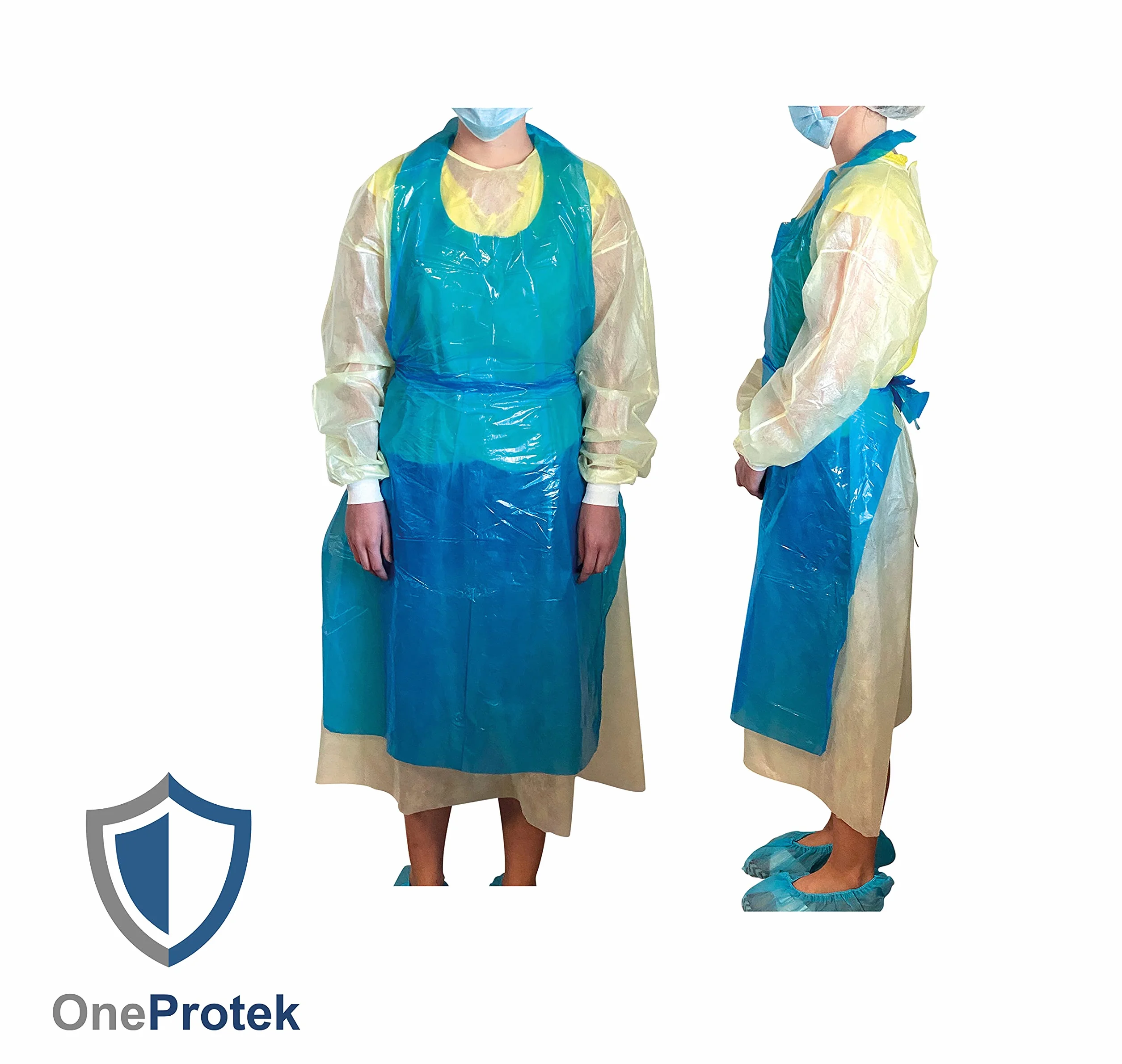 100 Grembiuli monouso PE impermeabili blu OneProtek - Polietilene (PE), 20 micron - Alta qualità, versatile - Taglia unica (70x120 cm) - A strappo