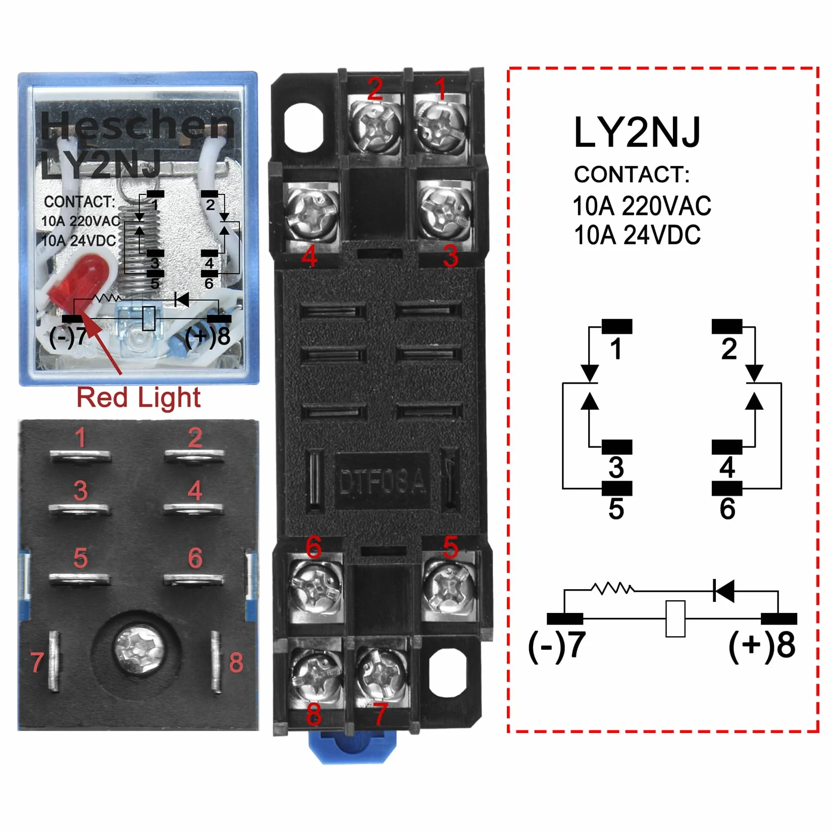 Heschen Relè per uso generico, LY2NJ, bobina 220VAC, 10A 24VDC/220VAC, DPDT, indicatore LED, con base a bussola