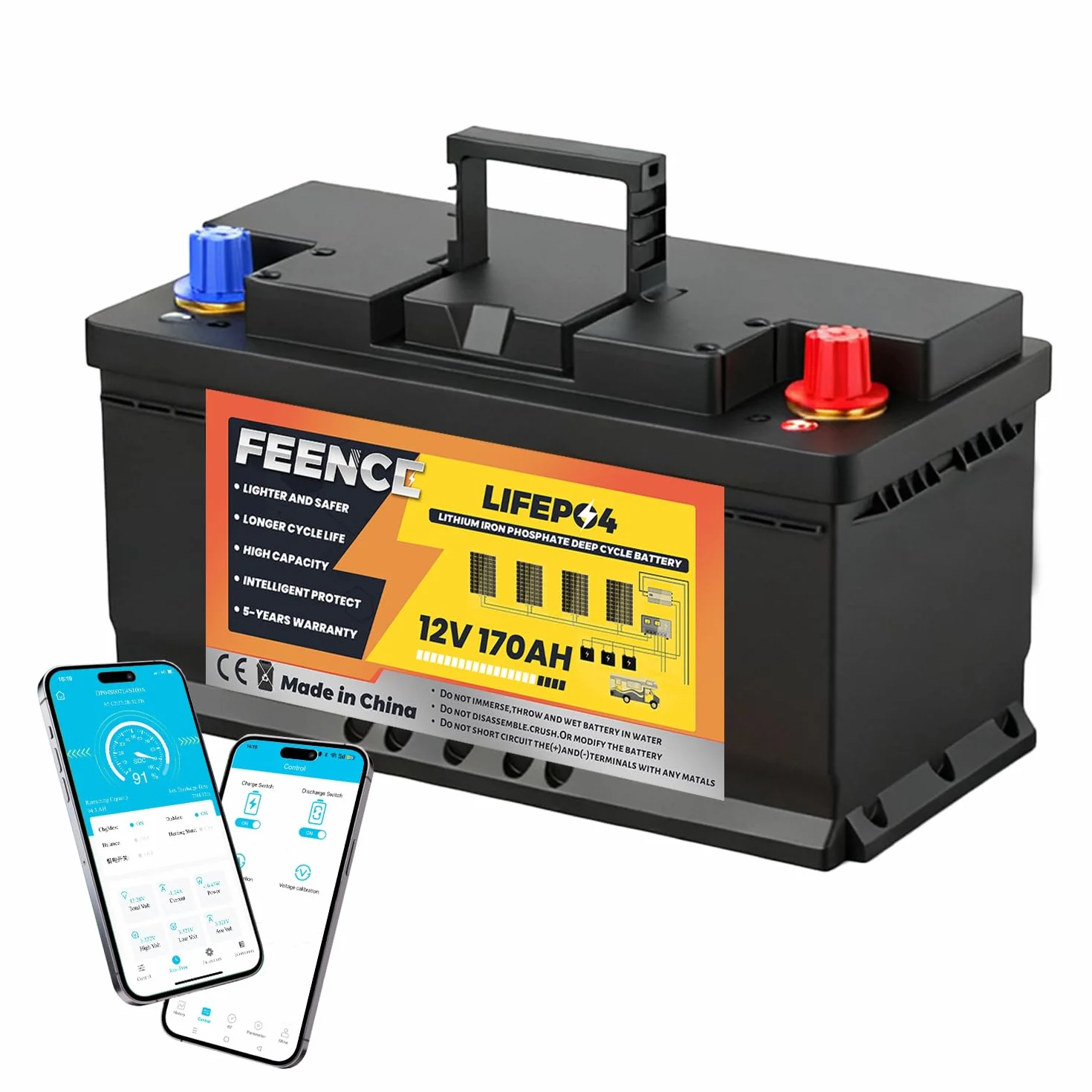 LiFePO4 170Ah Bluetooth, batteria al litio 12V 170Ah con protezione BMS a bassa temperatura e Max. 15000 cicli, batteria per auto da 2176 Wh per camper, barca, pannello solare