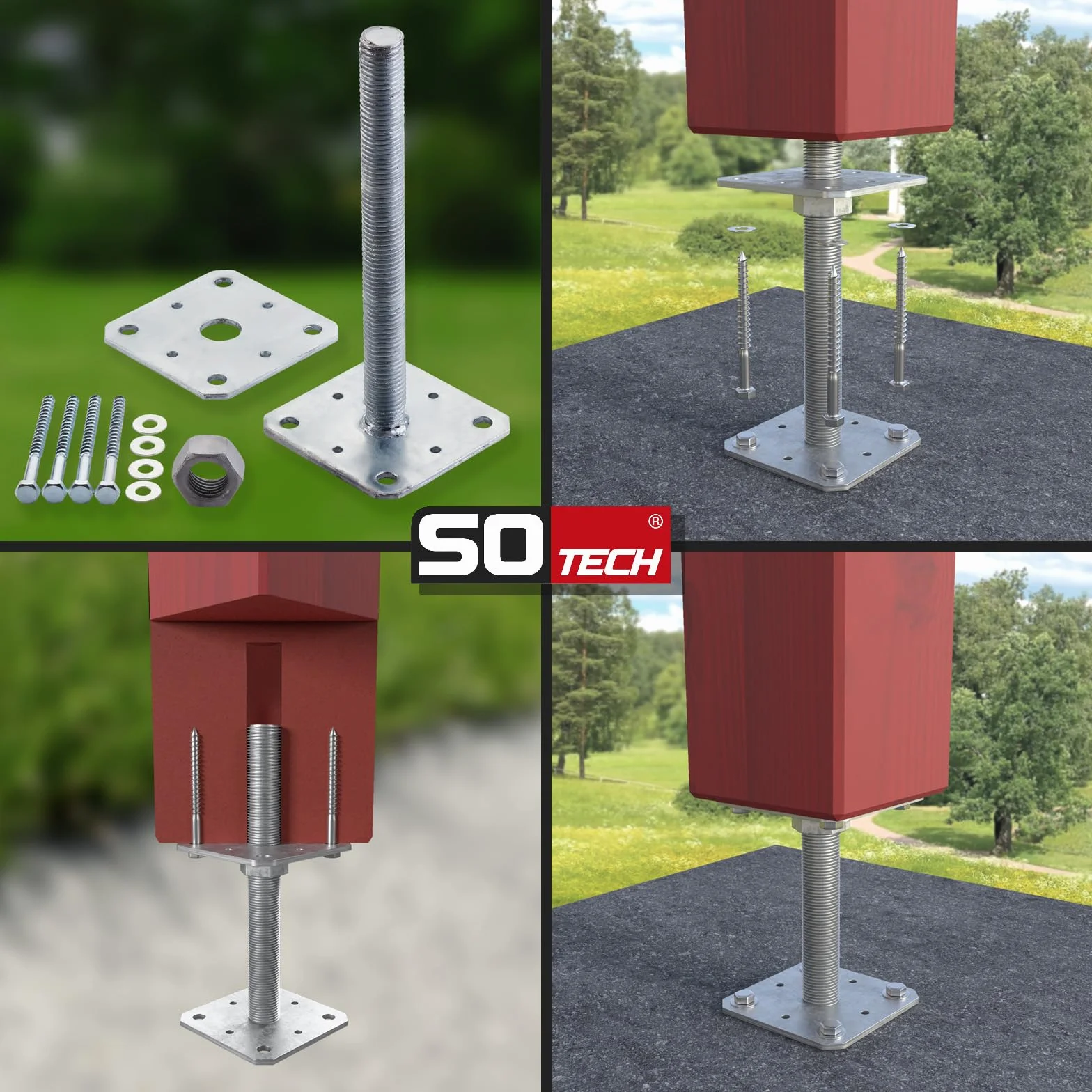 SOTECH set di 4 supporti per pali 80 x 80 x 250 mm filettatura M24 acciaio zincato a caldo supporto asta di supporto regolabile in altezza base del palo per avvitamento resistente alle intemperie