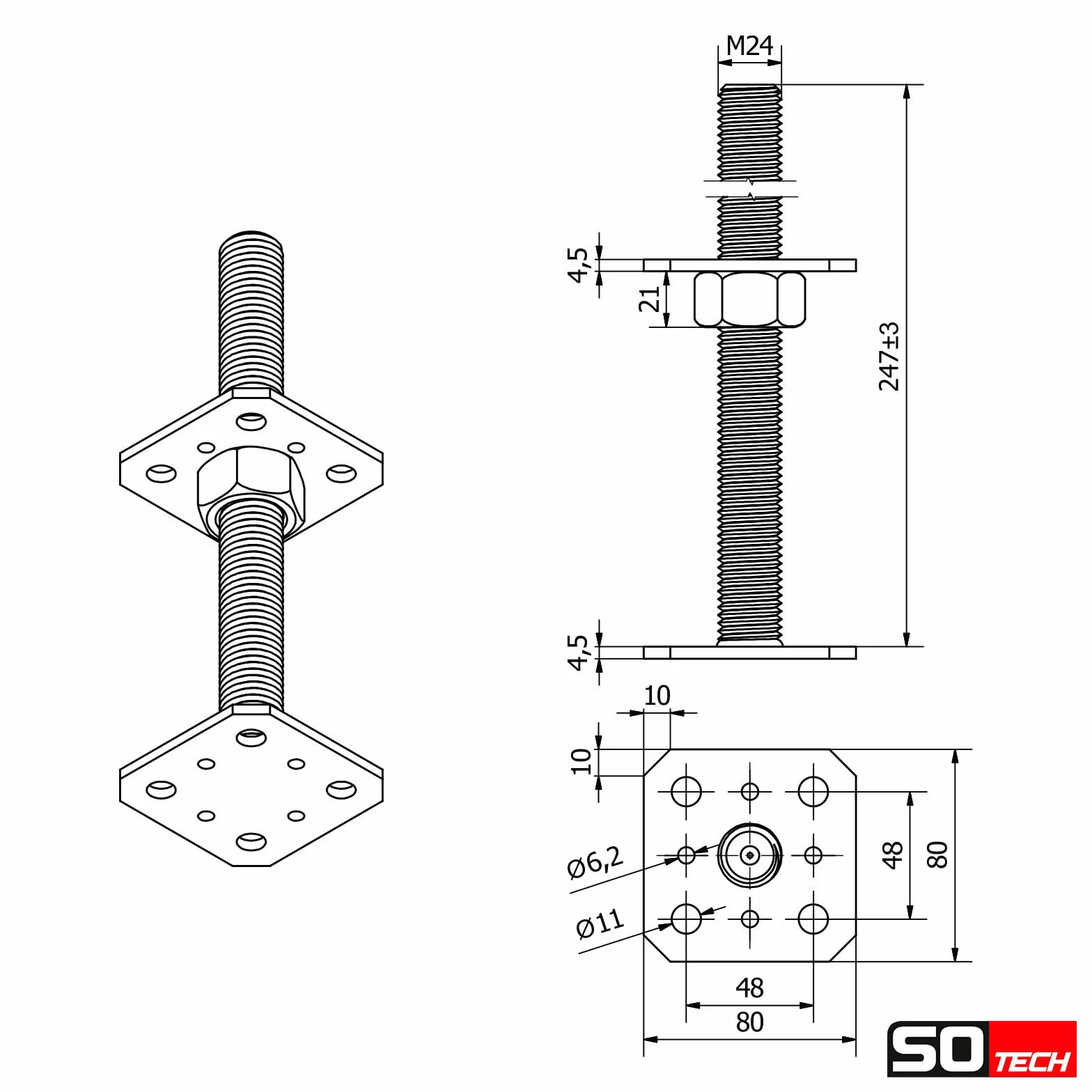 SOTECH set di 4 supporti per pali 80 x 80 x 250 mm filettatura M24 acciaio zincato a caldo supporto asta di supporto regolabile in altezza base del palo per avvitamento resistente alle intemperie
