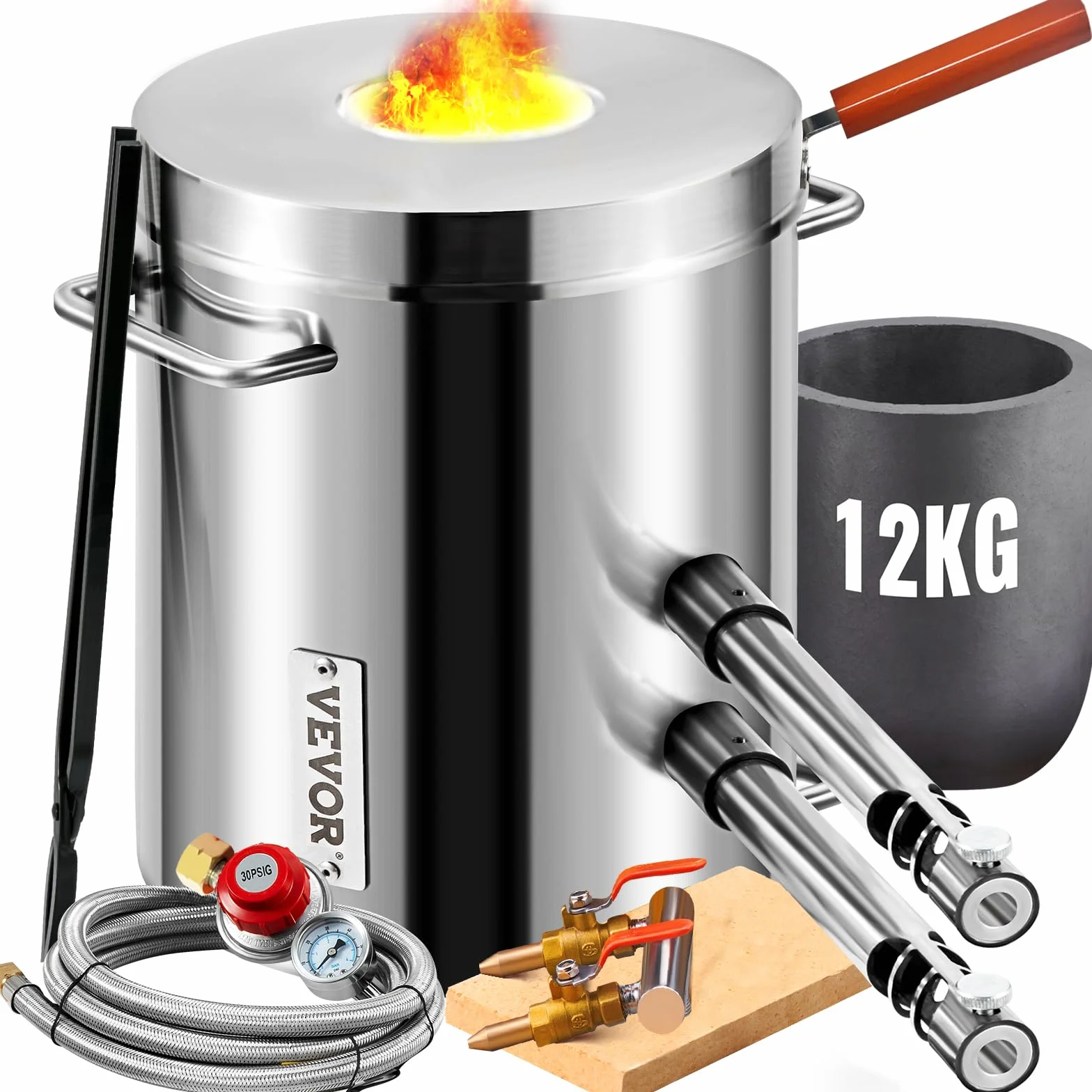 VEVOR Kit di Forno Fusorio a Gas Propano Capienza 12kg Temperatura Massima 1482℃ Corpo di Forno in Acciaio Inox per Metalli Fabbri Raffinerie, Kit di Forno di Fusione con Bruciatore a Propano 30 PSI