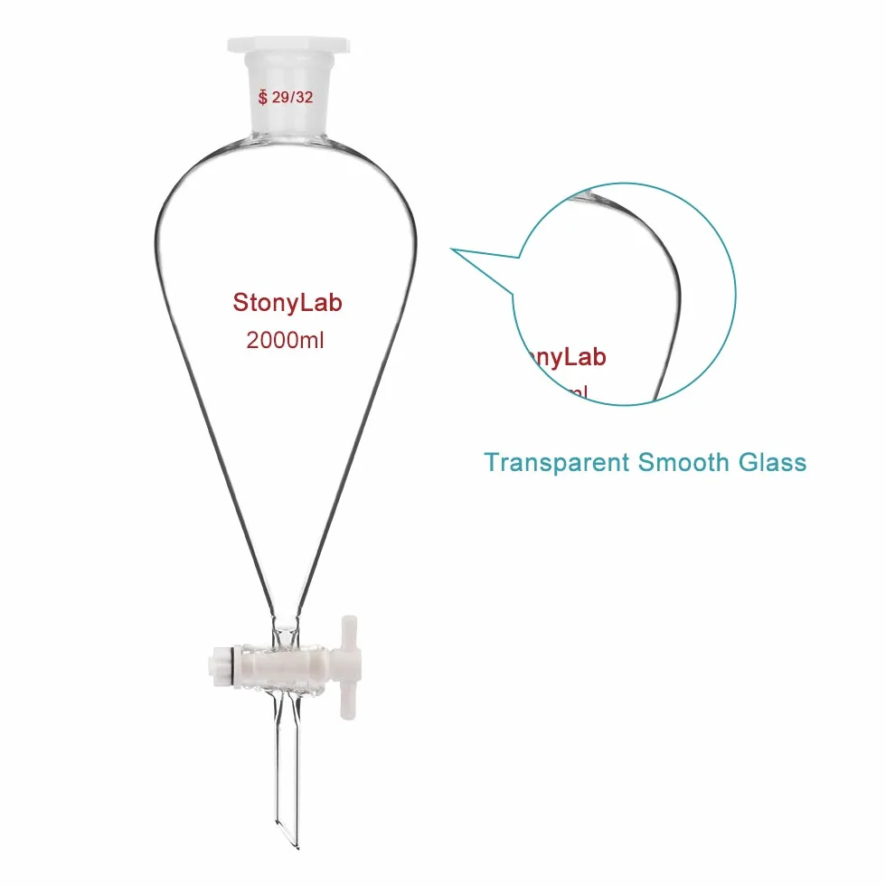 stonylab Imbuto Separatore Conico in Vetro Borosilicato Pesante con Giunti 29/32 e Rubinetto di Chiusura in PTFE Conical Separatory Funnel, 2000 ml