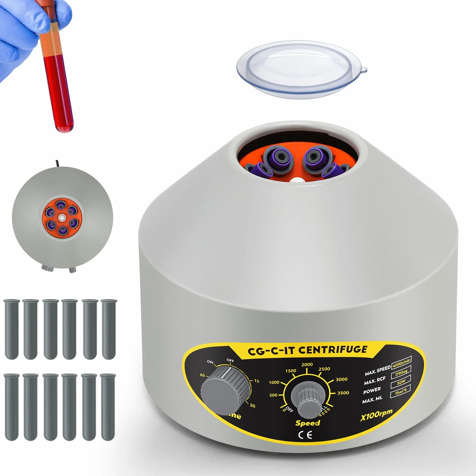 CGOLDENWALL Centrifuga da Laboratorio da Tavolo, 4000rpm, 1790xg RCF, 6*15ml, PRP Macchina Centrifuga Plasma con timer da 60 minuti e 2 set di adattatori, Provette per vacutainer da 5/10 ml e provette
