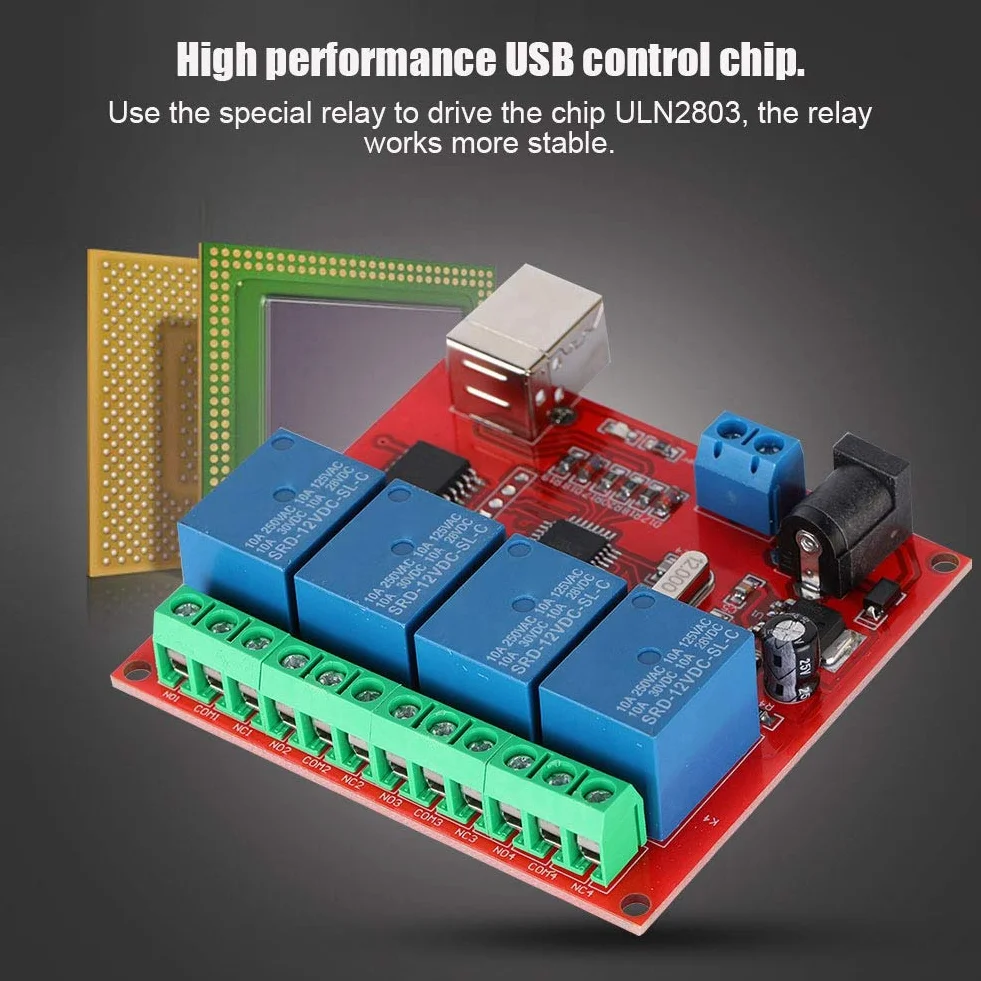 ASHATA Modulo Relè 12V DC a 4 Canali, Controller USB Smart Switch per Computer, Scheda di Espansione USB per PC