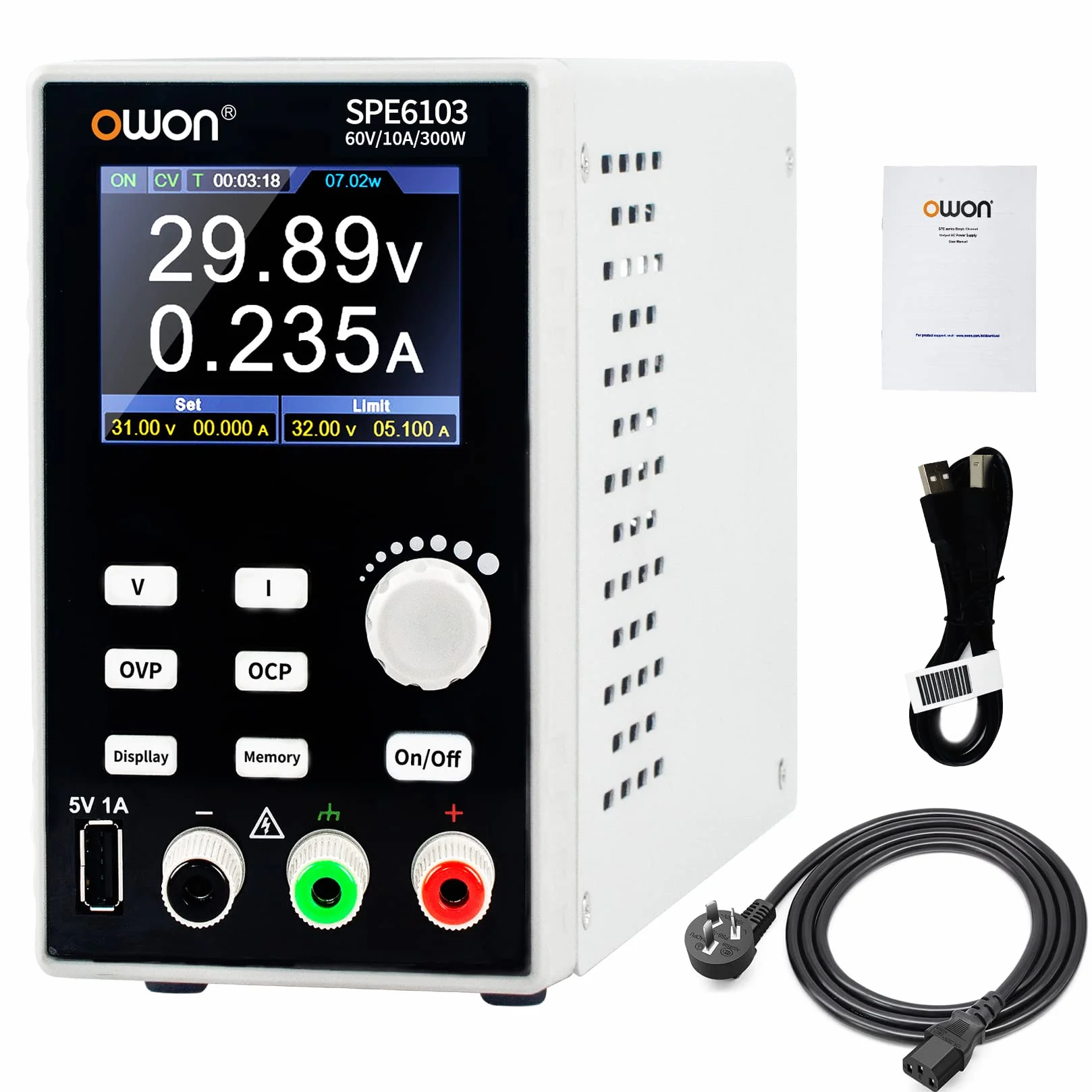 OWON SPE6103 Alimentatore da laboratorio programmabile (0-60 V 0-10 A), alimentatore CC da banco da 300 W con display LCD da 2,8 pollici, uscita a canale singolo con software per PC e ricarica USB