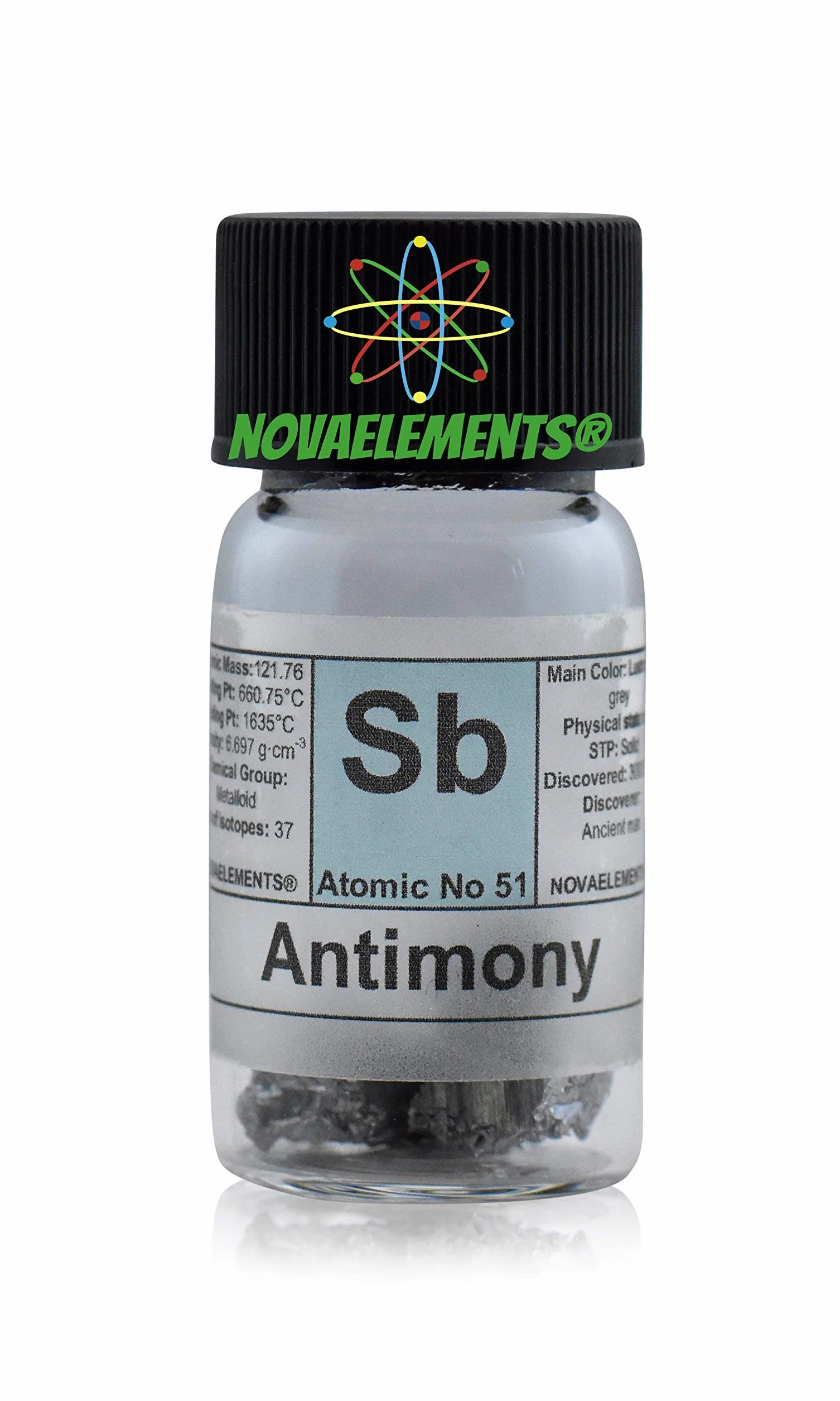 Antimonio elemento 51 Sb, campione puro 5 grammi 99,99% in fiala di vetro con etichetta