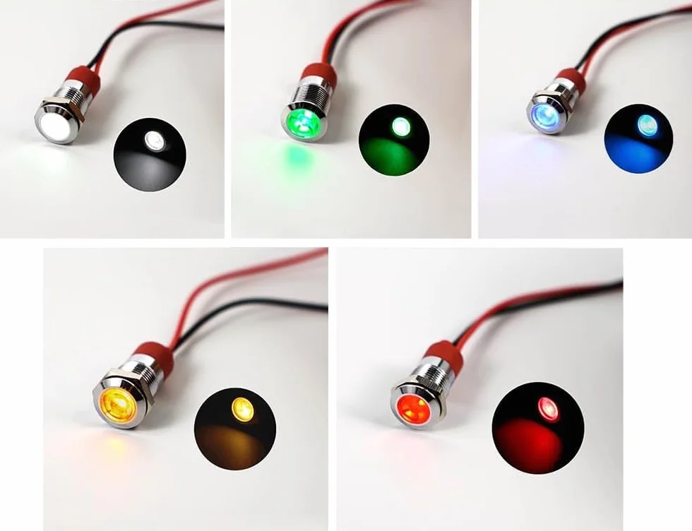 GTIWUNG 10 Pezzi 6mm Indicatore Luminoso Set 12V Luce di Segnalazione in Metallo Impermeabile Indicatori Luminosi a LED Pannello Metallico Testa Piatta con Fili, 5 Colori, 2 di Diascuno