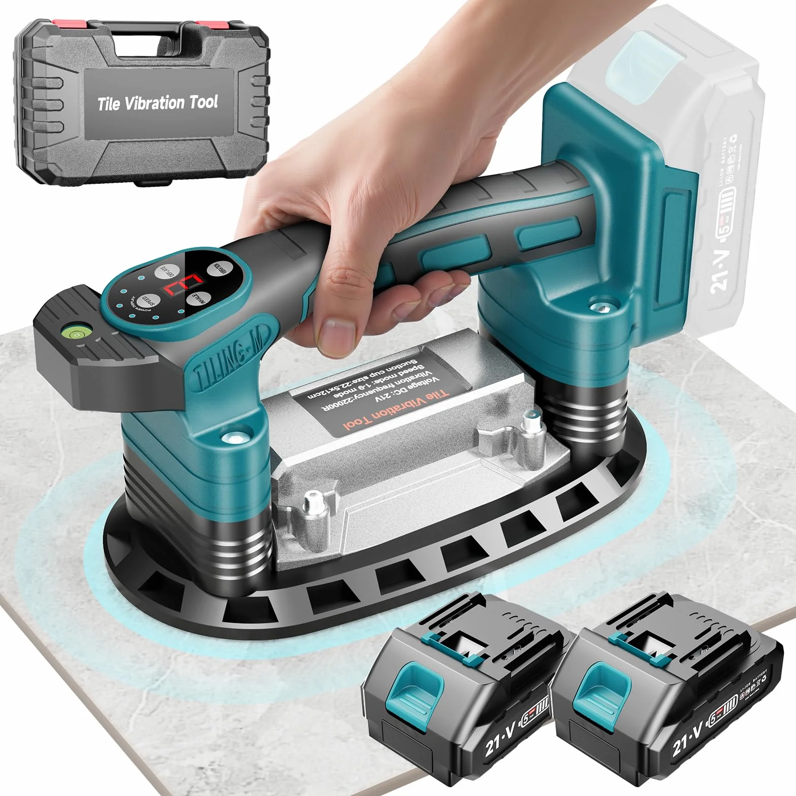 Vibratore per Piastrelle Compatibile con Maa-kita 18V 21V Batteria, 225mm Ventosa Vibrante per Piastrelle 400 KG di Forza di Aspirazione in 9 Marce, per Piastrelle Vetro, 2 * 2.0Ah Batteria