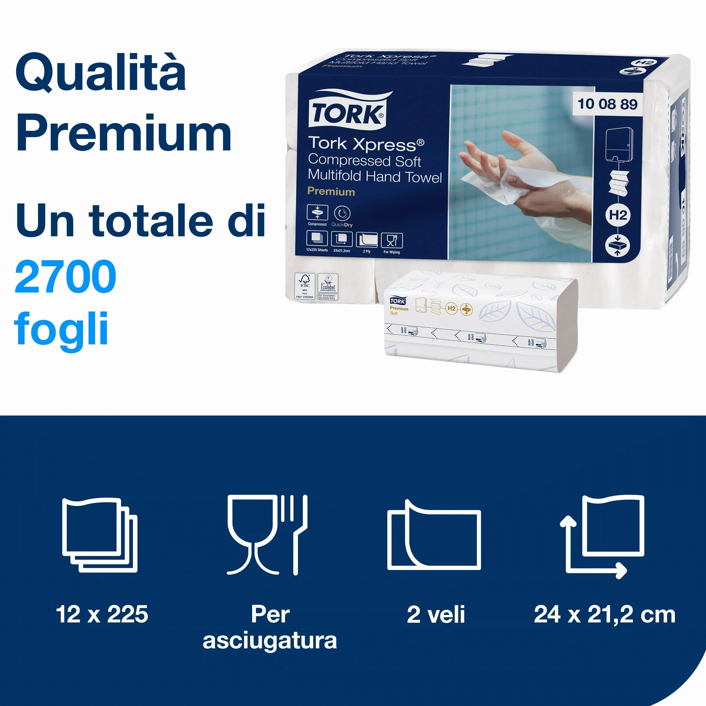 Tork Xpress Asciugamani intercalati Soft compressi bianchi H2, Premium, 2 veli, piegati a Z, elevata assorbenza, 12 confezioni da 225 asciugamani, 100889