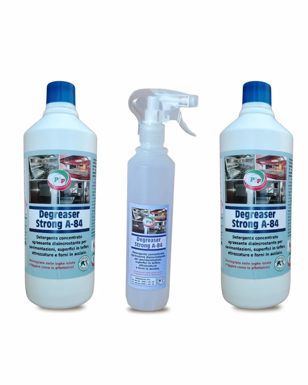 PIP Sgrassatore Professionale Degreaser Strong A-84, Disincrostante, Kit 2pz. da 1L, Concentrato pari a 40 litri di prodotto pronto all'uso, Pulizia Pavimenti, Superfici in Teflon, Forni in Acciaio