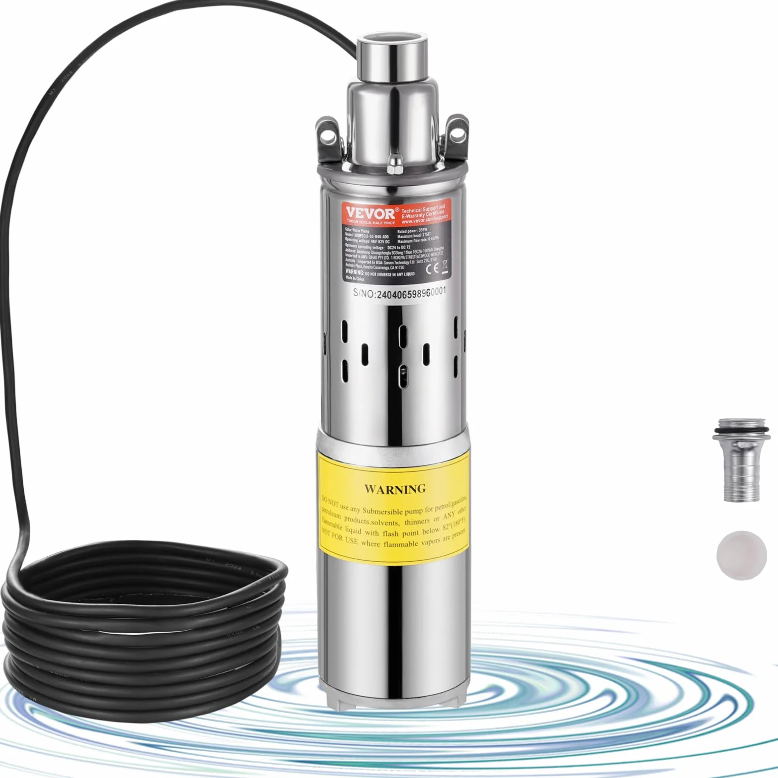 VEVOR Pompa Sommergibile Solare 369 W Pompa Sommergibile per Pozzi Profondi 48 V CC Portata 1,9 m³/h Prevalenza Massima 83,29 m Immersione Massima 20 m Irrigazione di Pascolo, Abbeveraggio Bestiame
