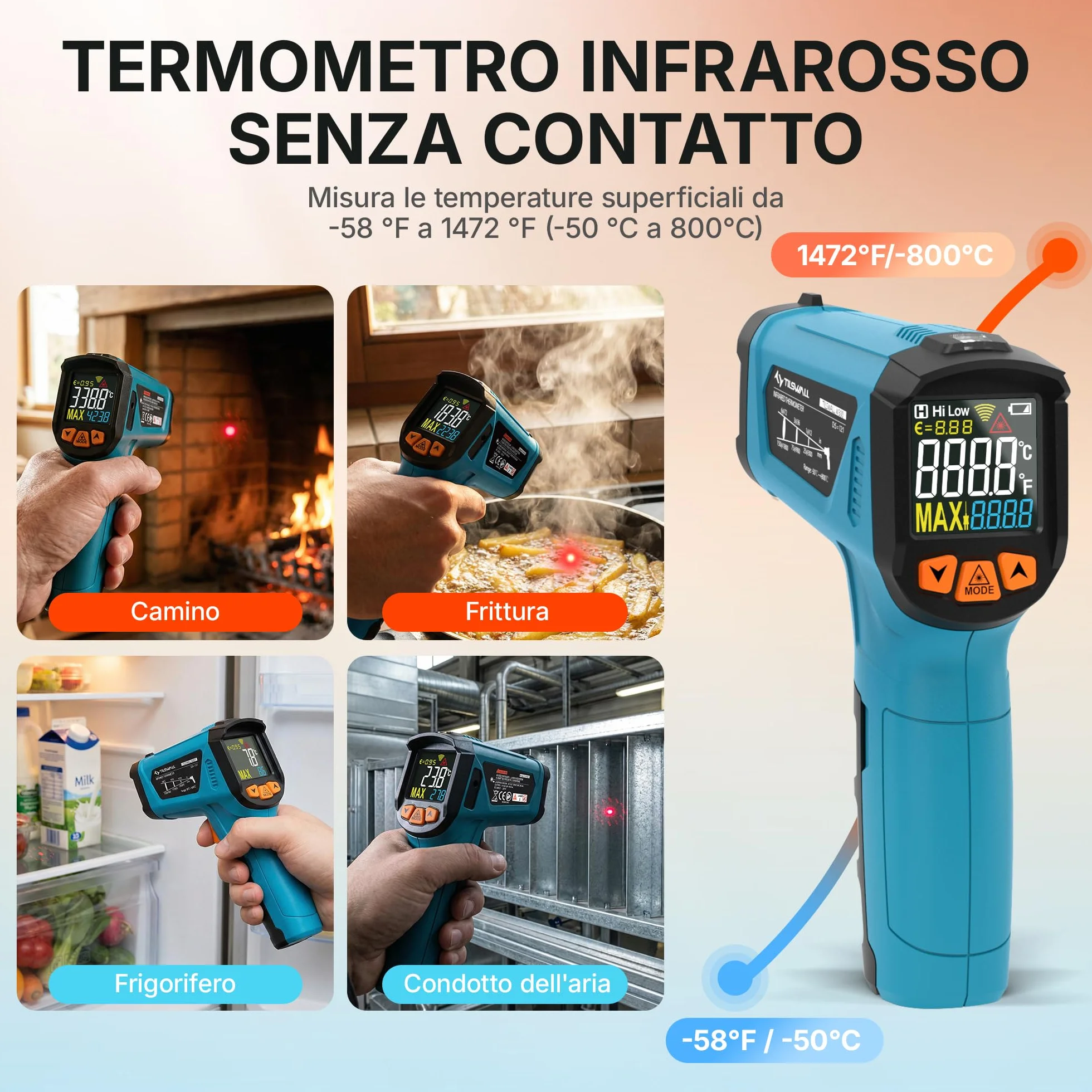 Tilswall Termometro Infrarossi Professionale -50°C~800°C con Sonda per Carne Display LCD a Colori