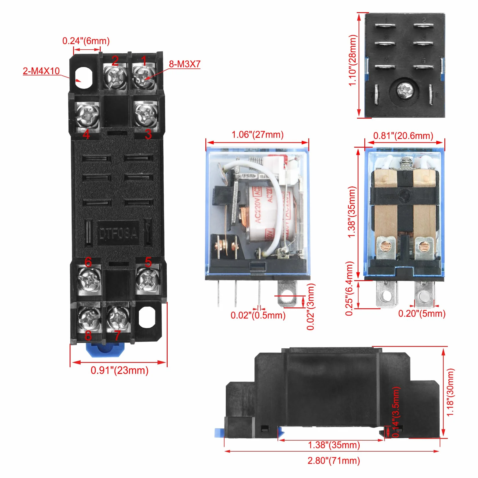 Heschen Relè per uso generico, LY2NJ, bobina 220VAC, 10A 24VDC/220VAC, DPDT, indicatore LED, con base a bussola