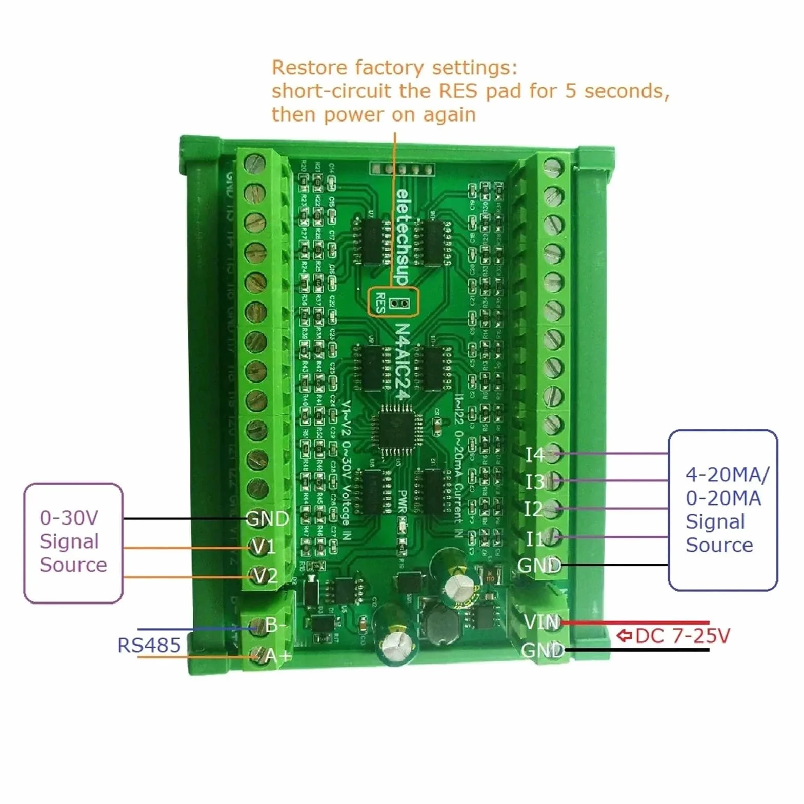 Modulo relè PLC Collettore di ingresso analogico di corrente a 8 canali da 4-20MA a RS485 Scheda MODBUS RTU DC 7-25V for sensore di pressione termocoppia PT100 K(8CH Only Board)