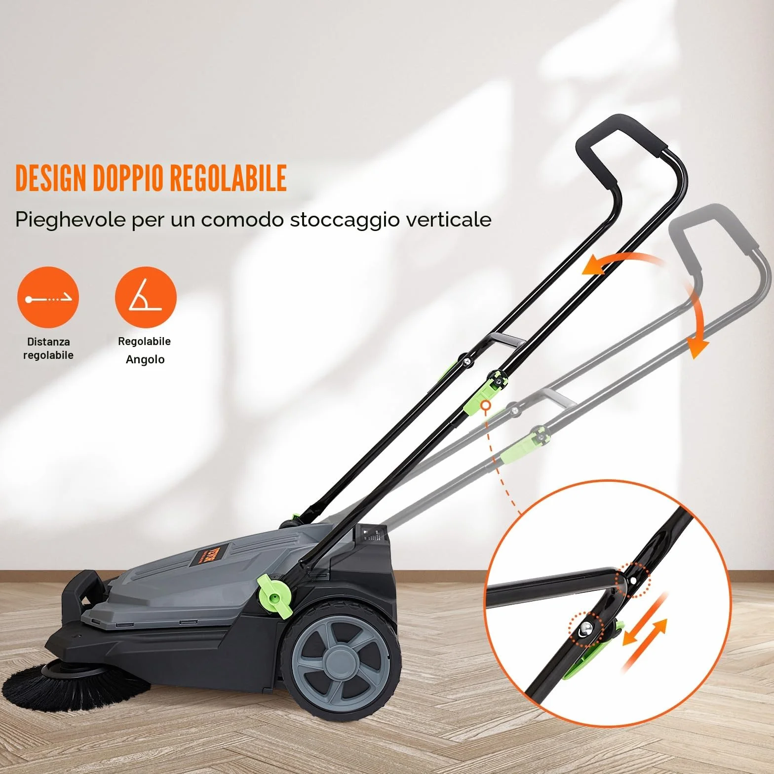 VEVOR Spazzatrice per pavimenti a terra manuale, larghezza 25,6" Spazzatrice per pavimenti manuale, contenitore per rifiuti da 5 galloni, maniglia in angolazione e altezza, cortile, garage, patio