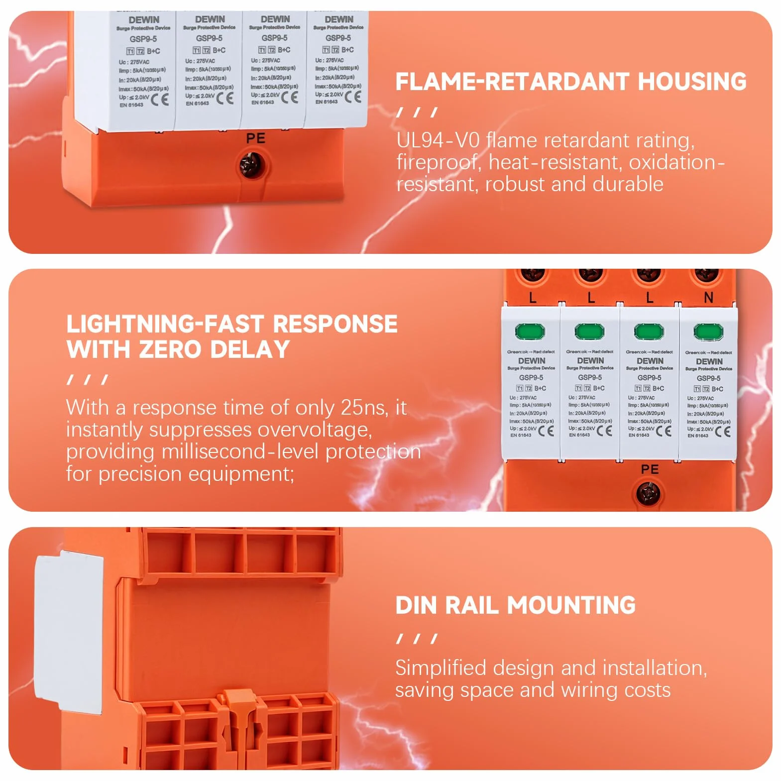Scaricatore di Sovratensione Tipo 1+2 4P AC275V 20kA~50kA SPD Protezione Elettrica
