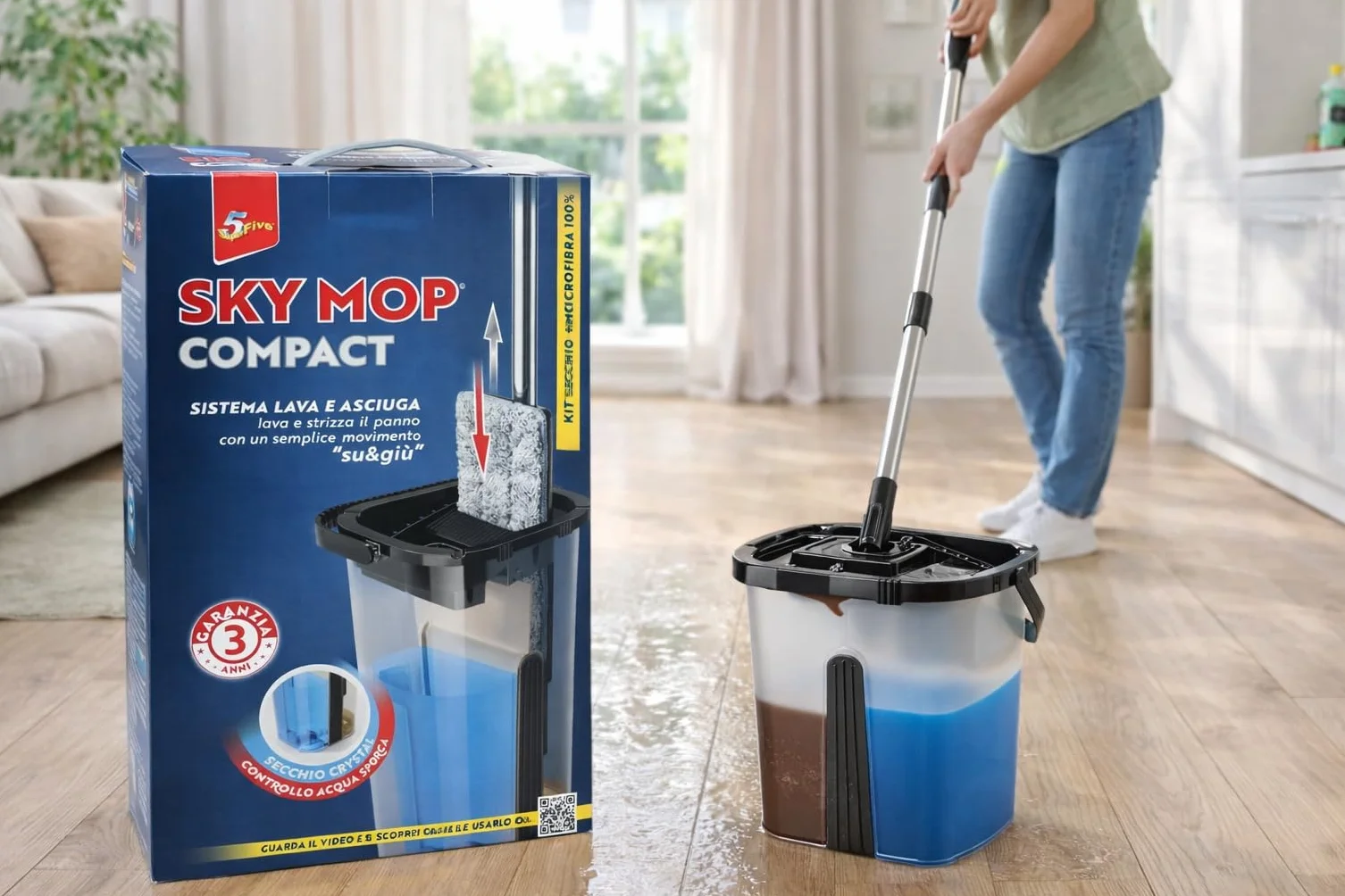 Lavapavimenti con Secchio e Mop in Microfibra 100%, Sky Mop Compact Lava e Asciuga, con Bastone in Acciaio Inox, Secchio Compatto con Strizzatore, Lavapavimenti
