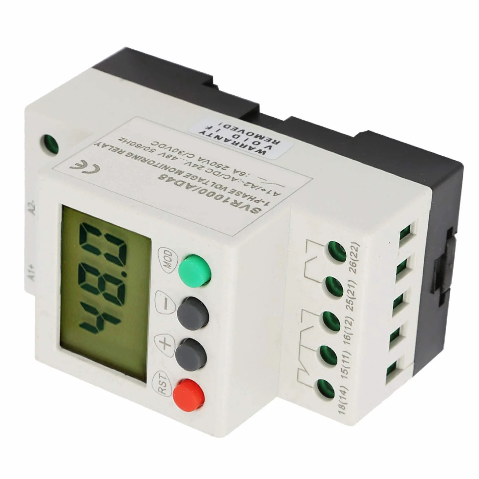 Relè di Protezione SVR1000, Sovratensione Sottotensione, AC/DC 20V-80V, Monofase, Display LCD, Installazione Guida DIN 35mm, 6A 250V