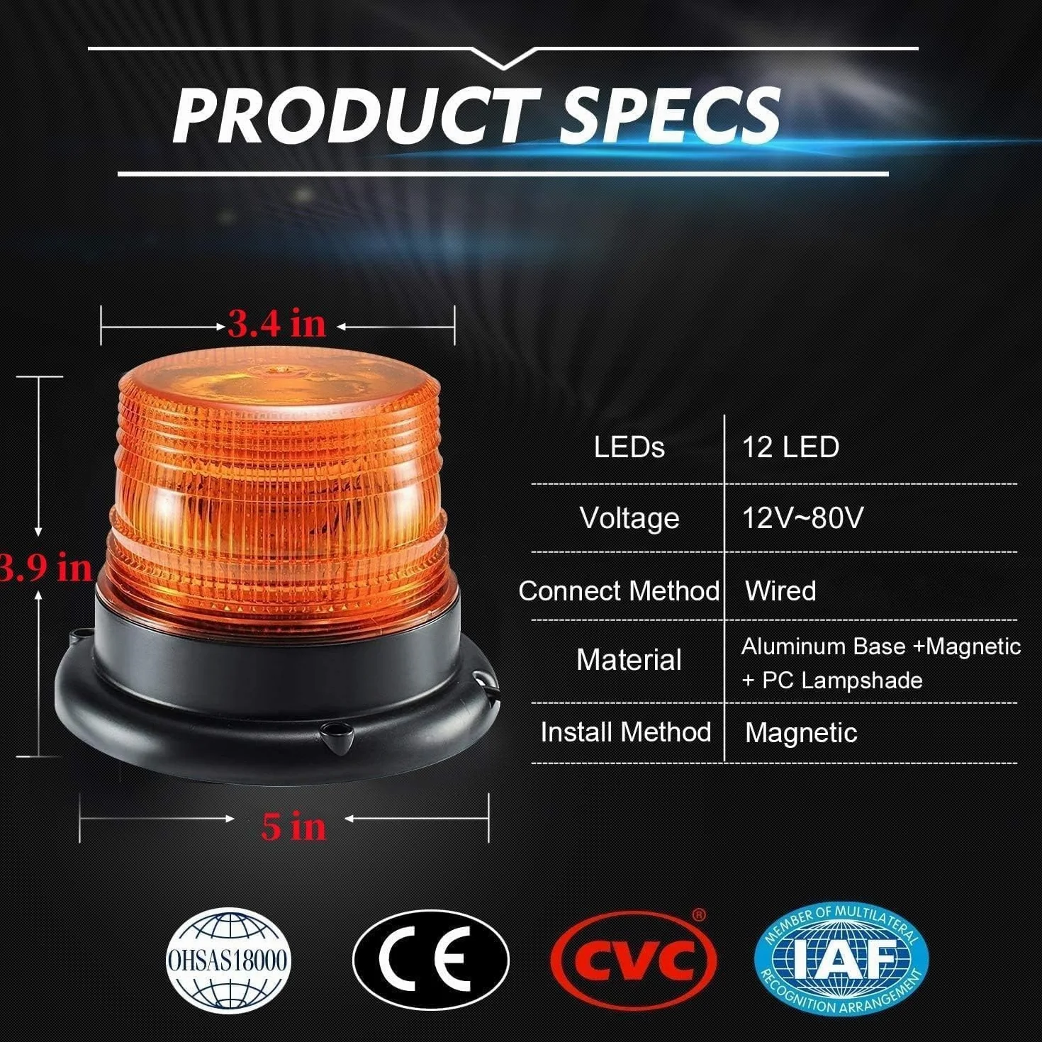 Dinfu LED lampeggiante 12V stroboscopica Ambra segnalazione lampeggiante di emergenza Orange Luce Rotante magnetica per Camion trattore