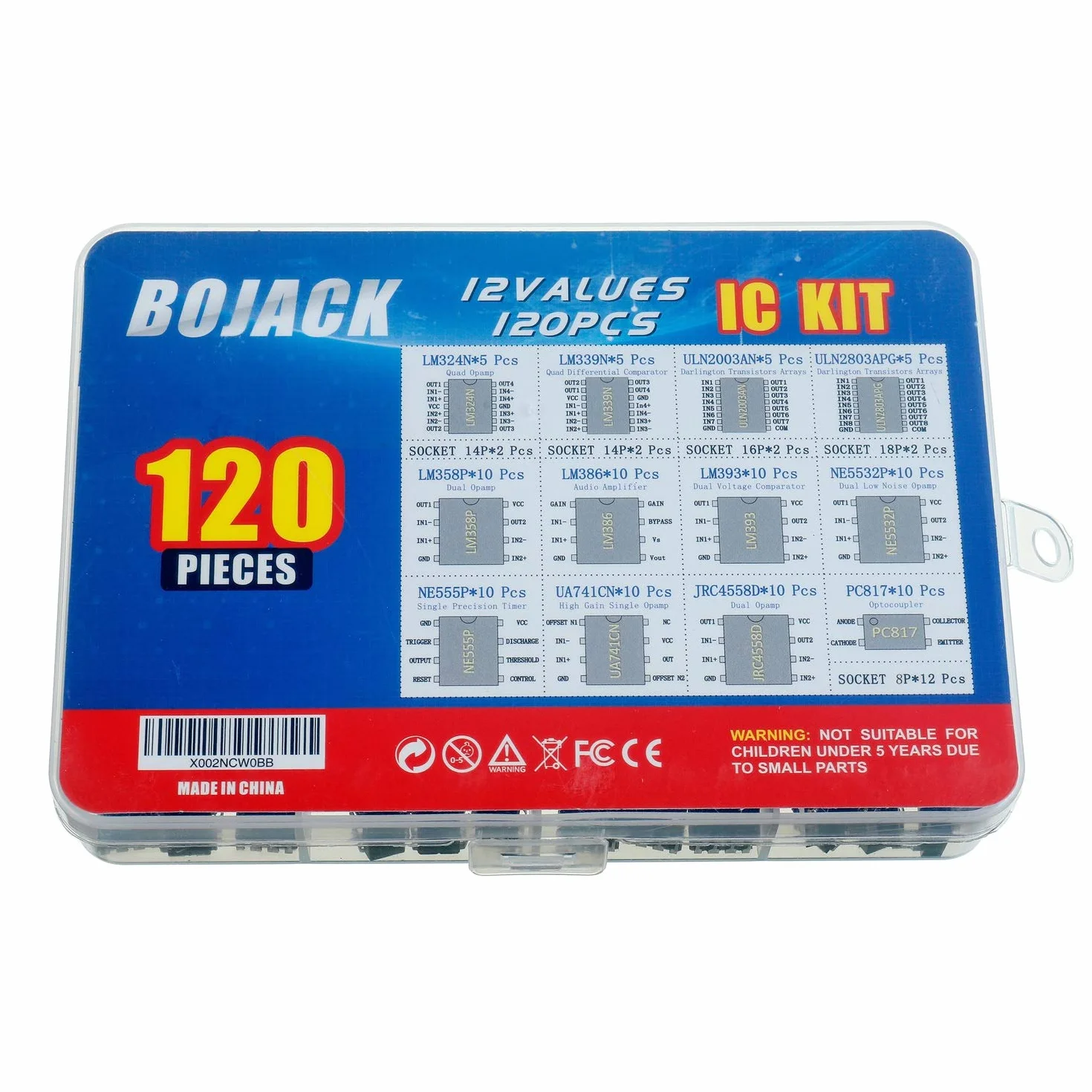 BOJACK 12 Valori 120 pezzi IC Timer Opamp Accoppiatore Darlington LM324 LM339 ULN2003AN ULN2803APG LM358P LM386 LM393 NE5532P NE555P UA741CN JRC4558D PC817 assortimento Kit