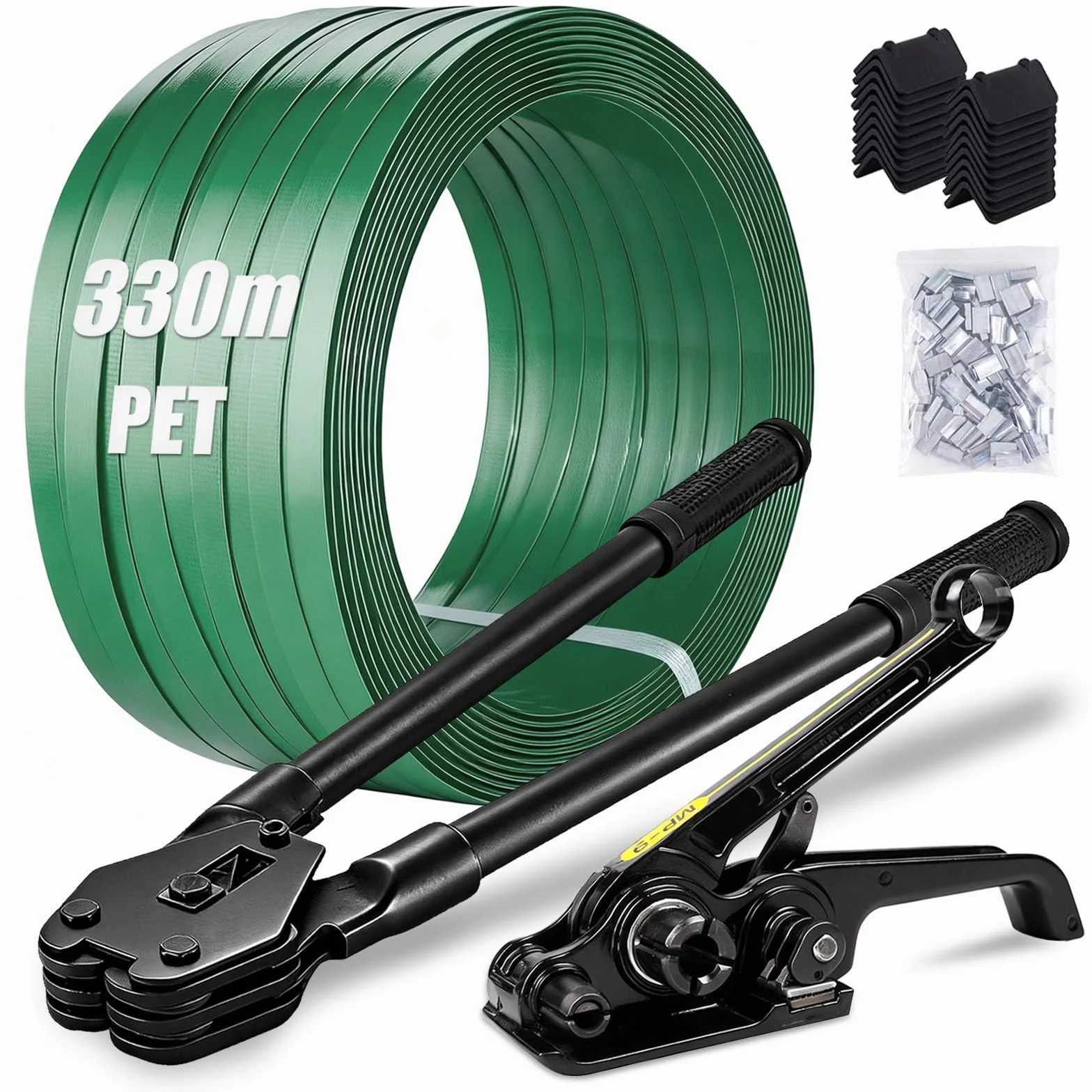 Reggiatrice Manuale, 12-19mm Kit di Reggiatura con Nastro in PET da 330m Tenditori Silenziosi Set di Reggiatura per Imballaggio Include 100 Fibbie Metalliche e 100 Angolari di Protezione