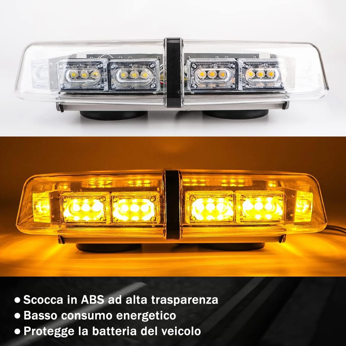 Mini Barra LED Stroboscopica Magnetica 36 LED Ambra 12V/24V, Luce di Emergenza con 7 Modalità Flash IP66 per Camion, Taxi, Veicoli da Cantiere e Sicurezza Stradale