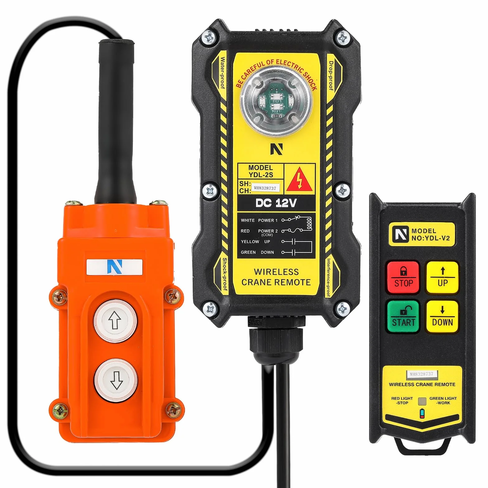 NEWTRY Telecomando per gru da 12 V, 2 in 1, controllo via cavo e senza fili, portata di controllo radio 200 m, 4 tasti, per attrezzature di sollevamento industriali, camion, gru, interruttore di