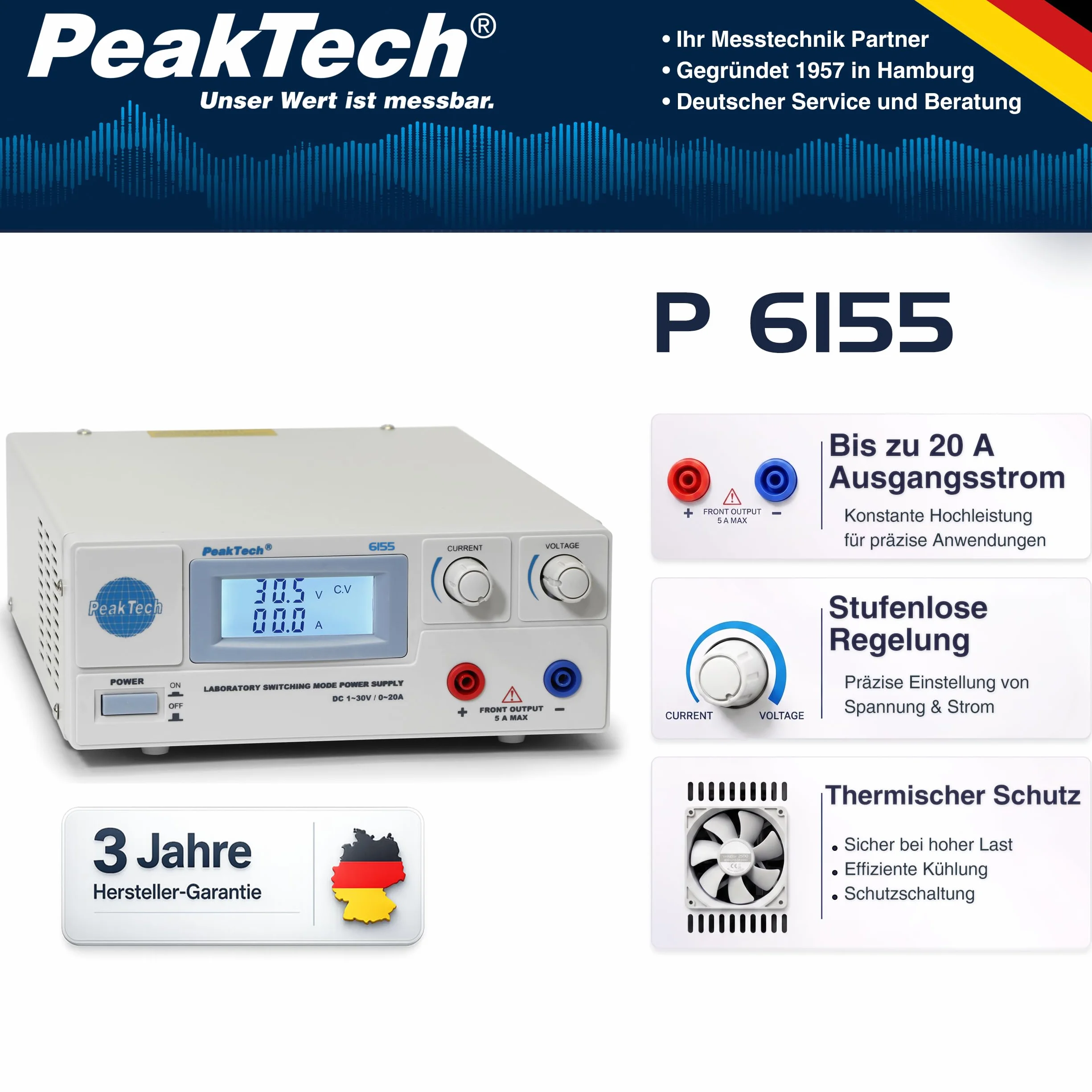 Peaktech 6155 - Alimentatore da Laboratorio Digitale Dc 1-30 V/0-20A, Schermo LCD, Alimentatore a Commutazione Affidabile, Protezione Contro le Sovratensioni, Uscita: 600 W - 214 x 87 x 336 mm