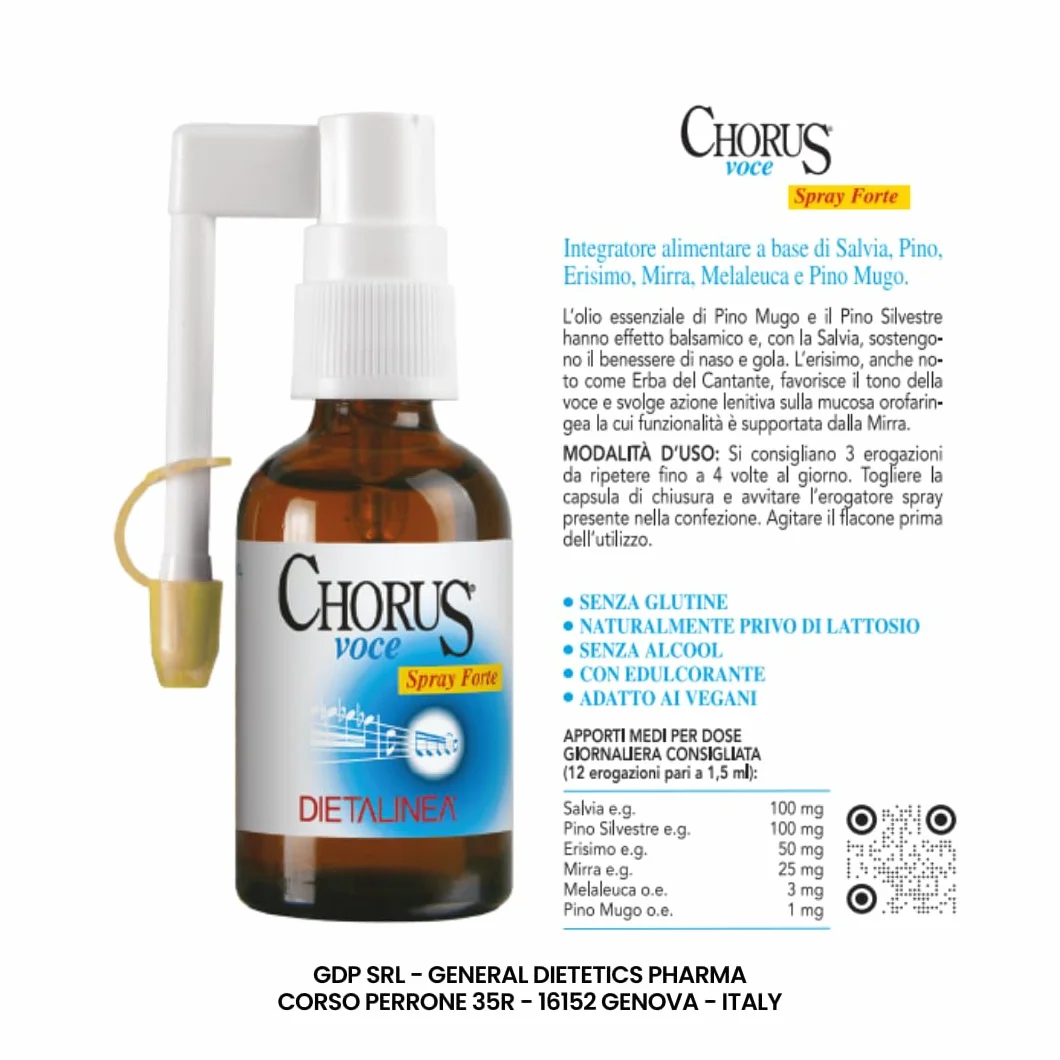 Dietalinea Chorus Voce Spray Gola Forte 20 ml Antinfiammatorio per Voce e Mal di Gola