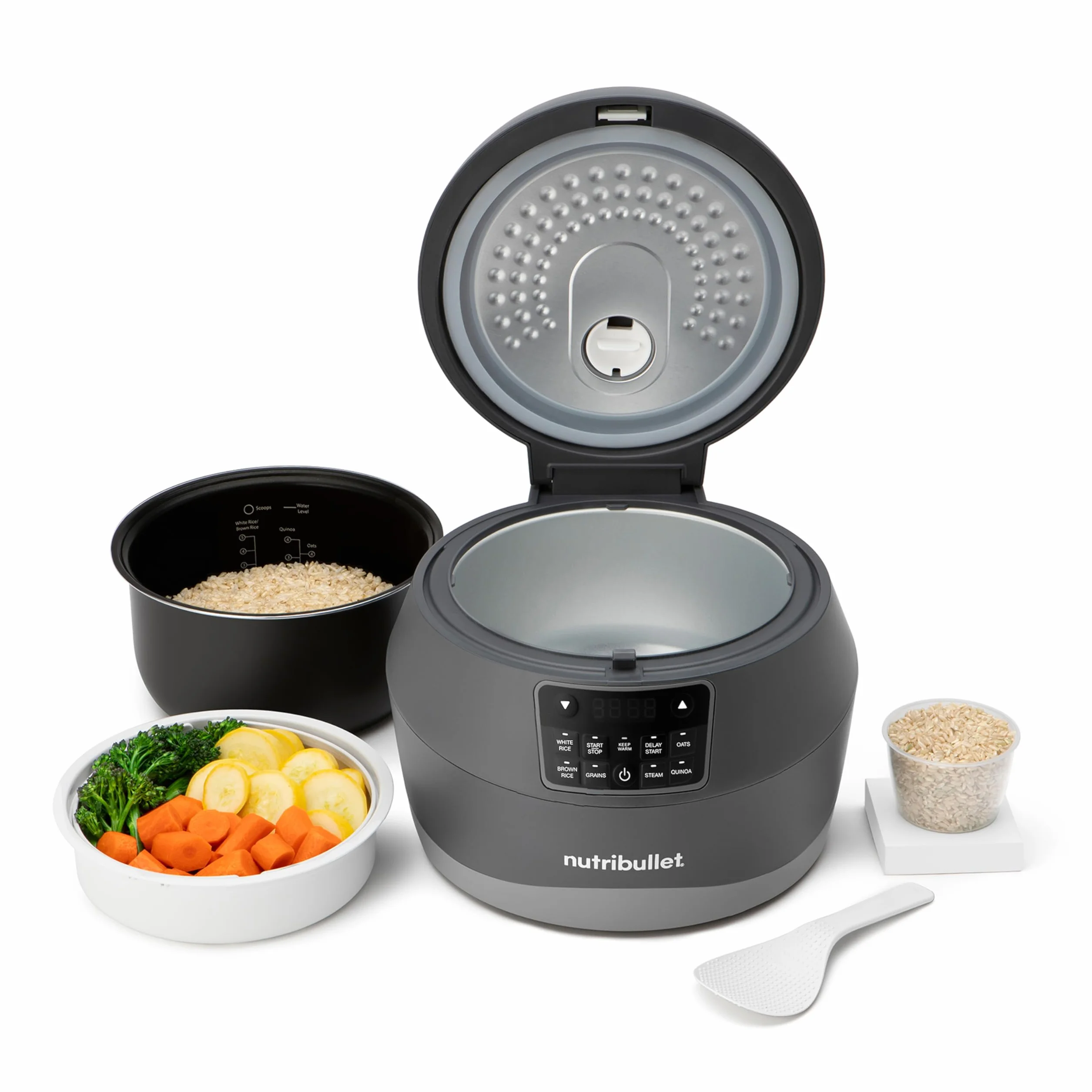 nutribullet EveryGrain Cooker - Cuociriso Multifunzione, Vaporiera Riso e Cereali, 10 Tazze, con 5 Programmi Automatici, Funzione Mantieni Caldo 12h, con Cucchiaio e Cestello, 600W, Grigio (NBRC605DG)