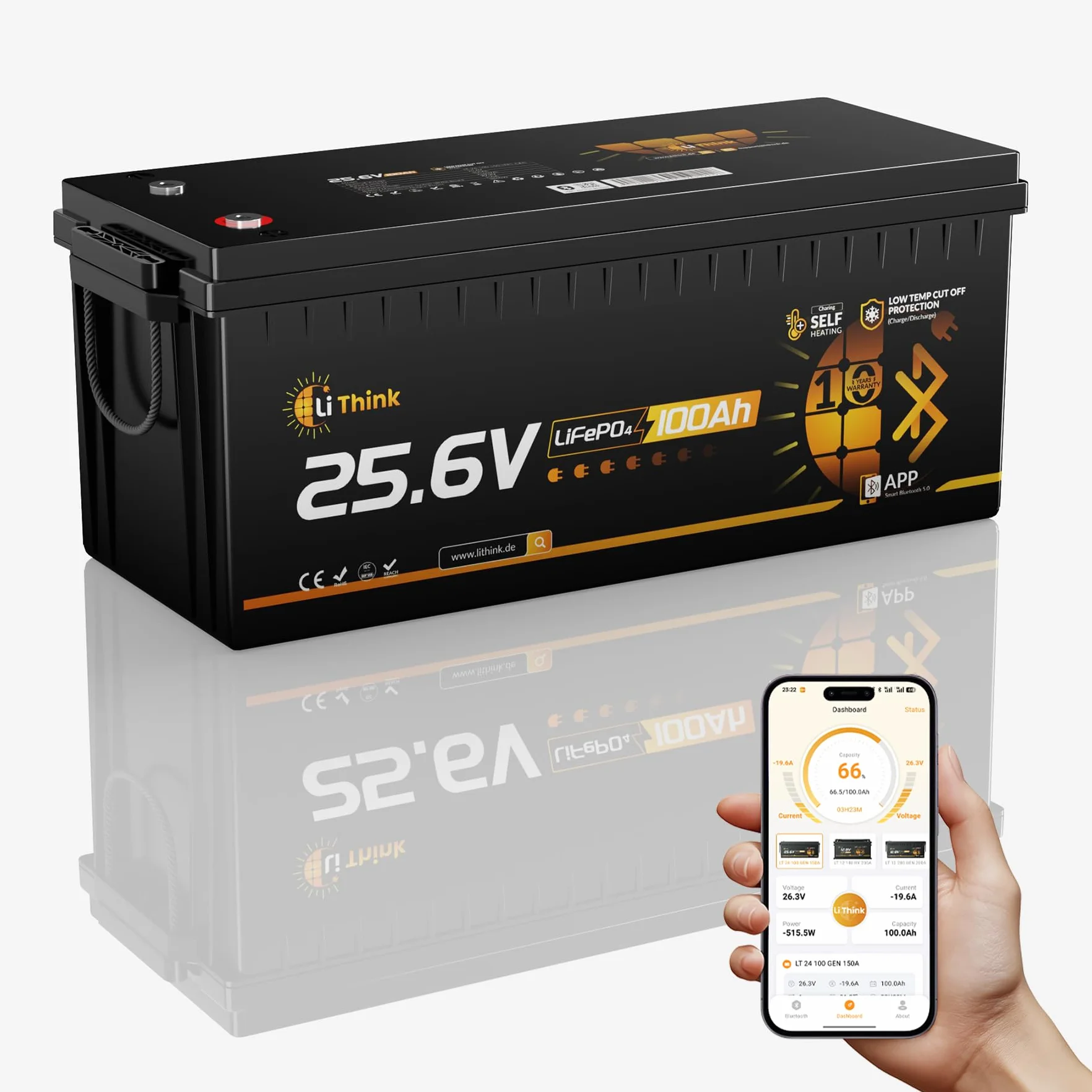 Batería LiFePO4 24V 100Ah Bluetooth, 150A BMS Protección Completa, 2560Wh Energía, Más de 15000 Ciclos y 10 Años de Vida Útil, Batería Solar, Camper, Barca y Sistemas Fuera de Red